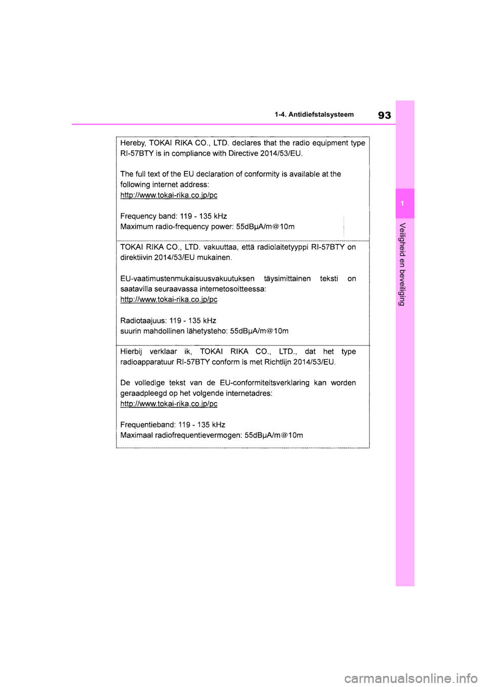 TOYOTA COROLLA HATCHBACK 2019  Instructieboekje (in Dutch) 93
1
COROLLA_TMUK_EE 1-4. Antidiefstalsysteem
Veiligheid en beveiliging
COROLLA(TMUK)_OM_Europe_OM12L
25E.book  Page 93  Thursday, November 8, 2018  10:31 AM 
