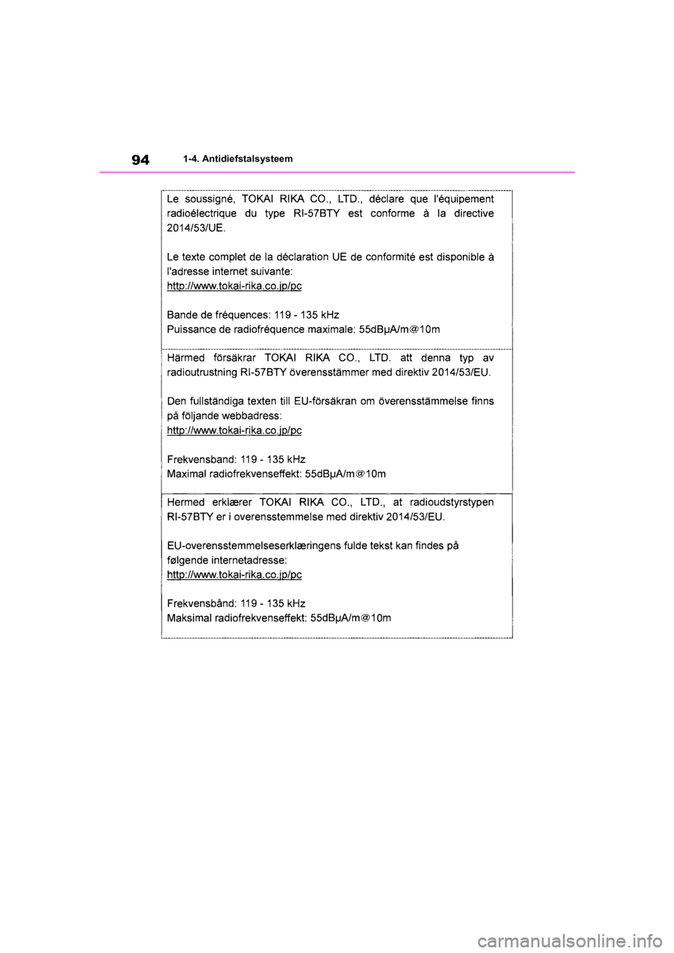 TOYOTA COROLLA HATCHBACK 2019  Instructieboekje (in Dutch) 94
COROLLA_TMUK_EE1-4. Antidiefstalsysteem
COROLLA(TMUK)_OM_Europe_OM12L
25E.book  Page 94  Thursday, November 8, 2018  10:31 AM 