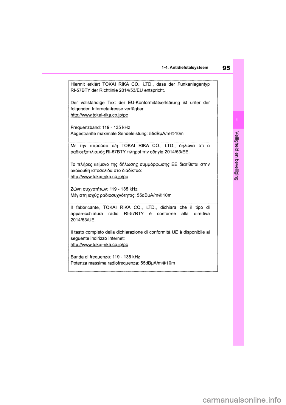 TOYOTA COROLLA HATCHBACK 2019  Instructieboekje (in Dutch) 95
1
COROLLA_TMUK_EE 1-4. Antidiefstalsysteem
Veiligheid en beveiliging
COROLLA(TMUK)_OM_Europe_OM12L
25E.book  Page 95  Thursday, November 8, 2018  10:31 AM 