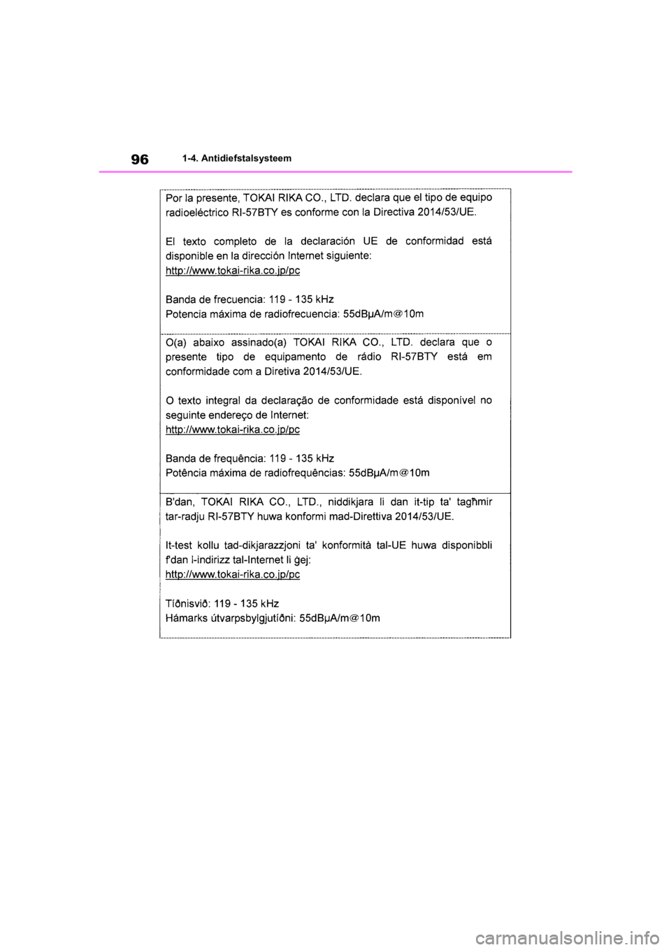 TOYOTA COROLLA HATCHBACK 2019  Instructieboekje (in Dutch) 96
COROLLA_TMUK_EE1-4. Antidiefstalsysteem
COROLLA(TMUK)_OM_Europe_OM12L
25E.book  Page 96  Thursday, November 8, 2018  10:31 AM 