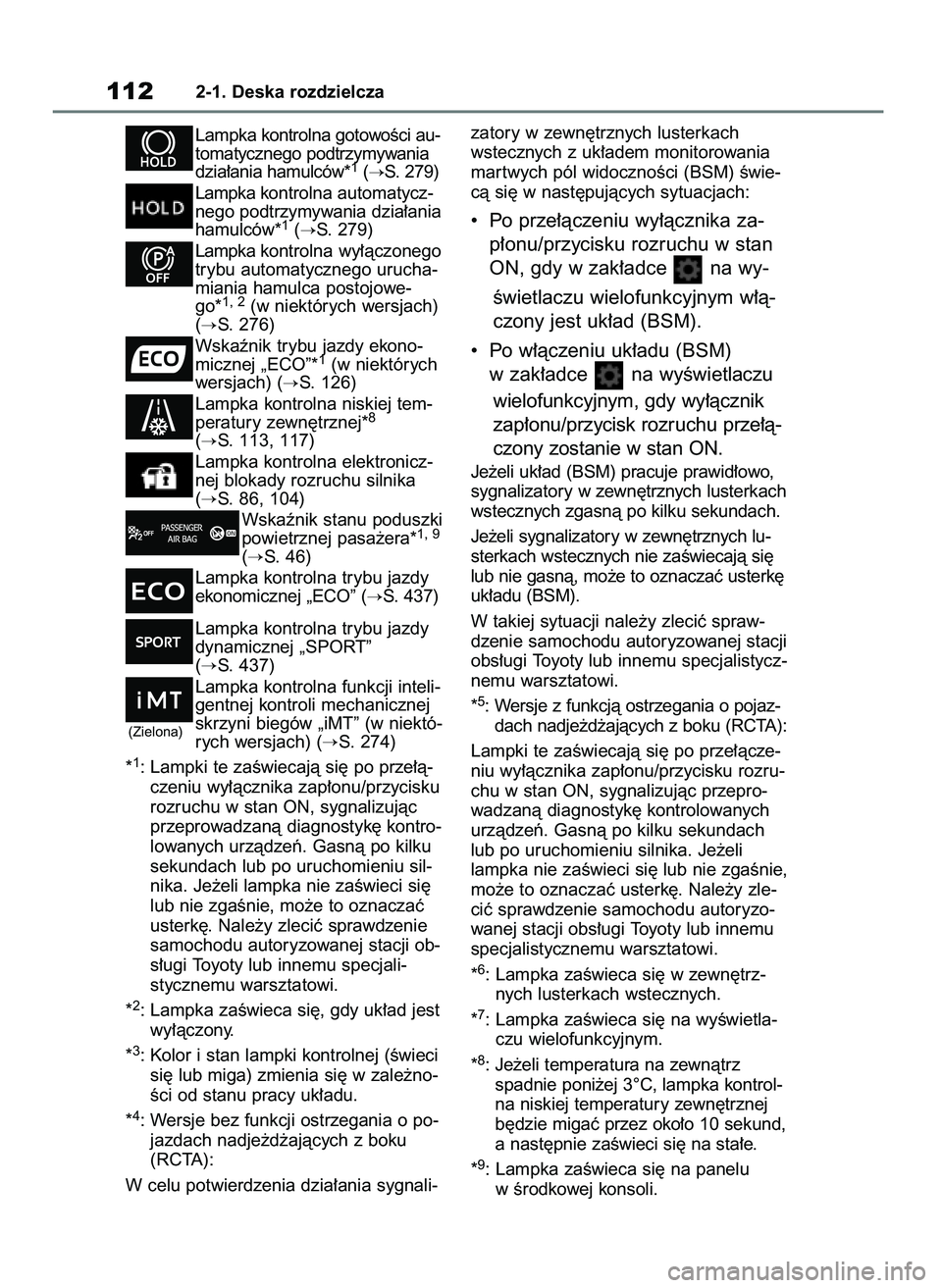 TOYOTA COROLLA HATCHBACK 2019  Instrukcja obsługi (in Polish) Lampka kontrolna gotowoÊci au-
tomatycznego podtrzymywania
dzia∏ania hamulców*
1(S. 279)
Lampka kontrolna automatycz-
nego podtrzymywania dzia∏ania
hamulców*
1(S. 279)
Lampka kontrolna wy∏