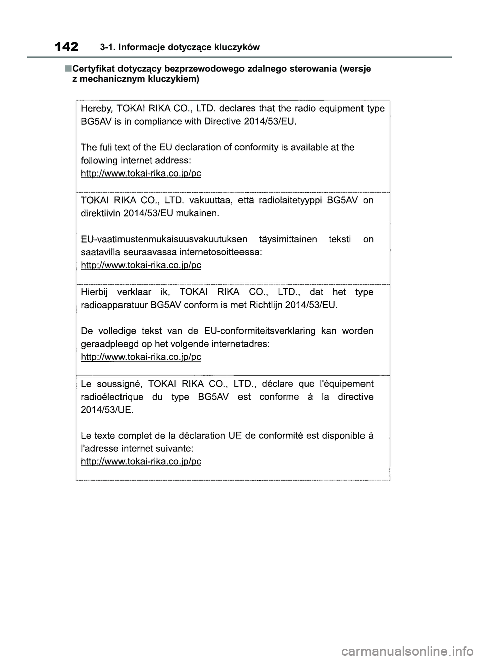 TOYOTA COROLLA HATCHBACK 2019 Instrukcja obsługi (in Polish) Certyfikat dotyczàcy bezprzewodowego zdalnego sterowania (wersje
z mechanicznym kluczykiem)
1423-1. Informacje dotyczàce kluczyków
55 Corolla Wagon OM12L25E 28/1/19 16:16 Page 142 TOYOTA COROLLA HATCHBACK 2019 Instrukcja obsługi (in Polish) Certyfikat dotyczàcy bezprzewodowego zdalnego sterowania (wersje
z mechanicznym kluczykiem)
1423-1. Informacje dotyczàce kluczyków
55 Corolla Wagon OM12L25E 28/1/19 16:16 Page 142