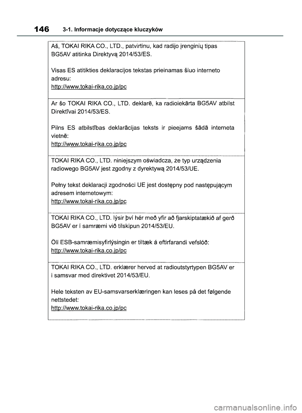 TOYOTA COROLLA HATCHBACK 2019 Instrukcja obsługi (in Polish) 1463-1. Informacje dotyczàce kluczyków
55 Corolla Wagon OM12L25E 28/1/19 16:16 Page 146 TOYOTA COROLLA HATCHBACK 2019 Instrukcja obsługi (in Polish) 1463-1. Informacje dotyczàce kluczyków
55 Corolla Wagon OM12L25E 28/1/19 16:16 Page 146