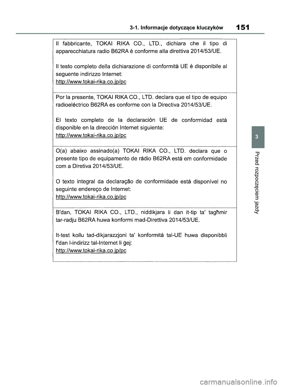 TOYOTA COROLLA HATCHBACK 2019 Instrukcja obsługi (in Polish) Przed rozpocz´ciem jazdy
3-1. Informacje dotyczàce kluczyków151
3
55 Corolla Wagon OM12L25E 28/1/19 16:16 Page 151 TOYOTA COROLLA HATCHBACK 2019 Instrukcja obsługi (in Polish) Przed rozpocz´ciem jazdy
3-1. Informacje dotyczàce kluczyków151
3
55 Corolla Wagon OM12L25E 28/1/19 16:16 Page 151