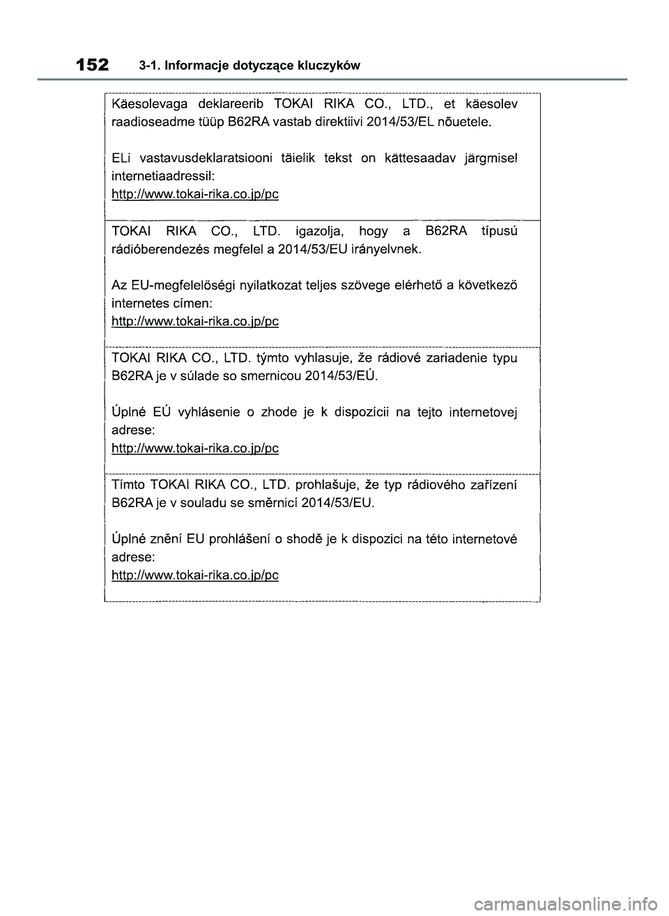 TOYOTA COROLLA HATCHBACK 2019 Instrukcja obsługi (in Polish) 1523-1. Informacje dotyczàce kluczyków
55 Corolla Wagon OM12L25E 28/1/19 16:16 Page 152 TOYOTA COROLLA HATCHBACK 2019 Instrukcja obsługi (in Polish) 1523-1. Informacje dotyczàce kluczyków
55 Corolla Wagon OM12L25E 28/1/19 16:16 Page 152