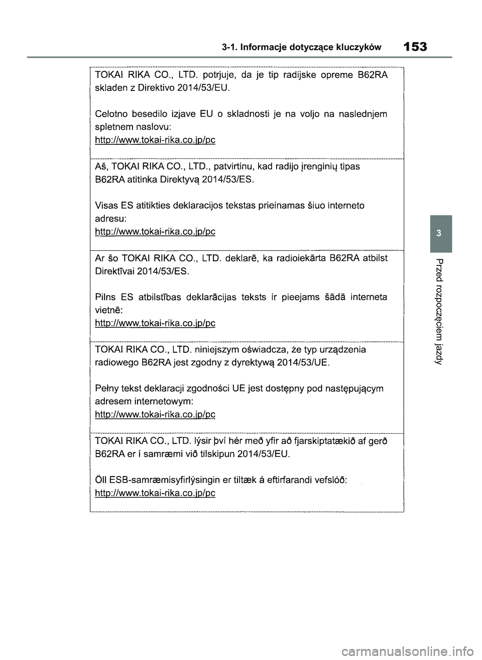 TOYOTA COROLLA HATCHBACK 2019 Instrukcja obsługi (in Polish) Przed rozpocz´ciem jazdy
3-1. Informacje dotyczàce kluczyków153
3
55 Corolla Wagon OM12L25E 28/1/19 16:16 Page 153 TOYOTA COROLLA HATCHBACK 2019 Instrukcja obsługi (in Polish) Przed rozpocz´ciem jazdy
3-1. Informacje dotyczàce kluczyków153
3
55 Corolla Wagon OM12L25E 28/1/19 16:16 Page 153