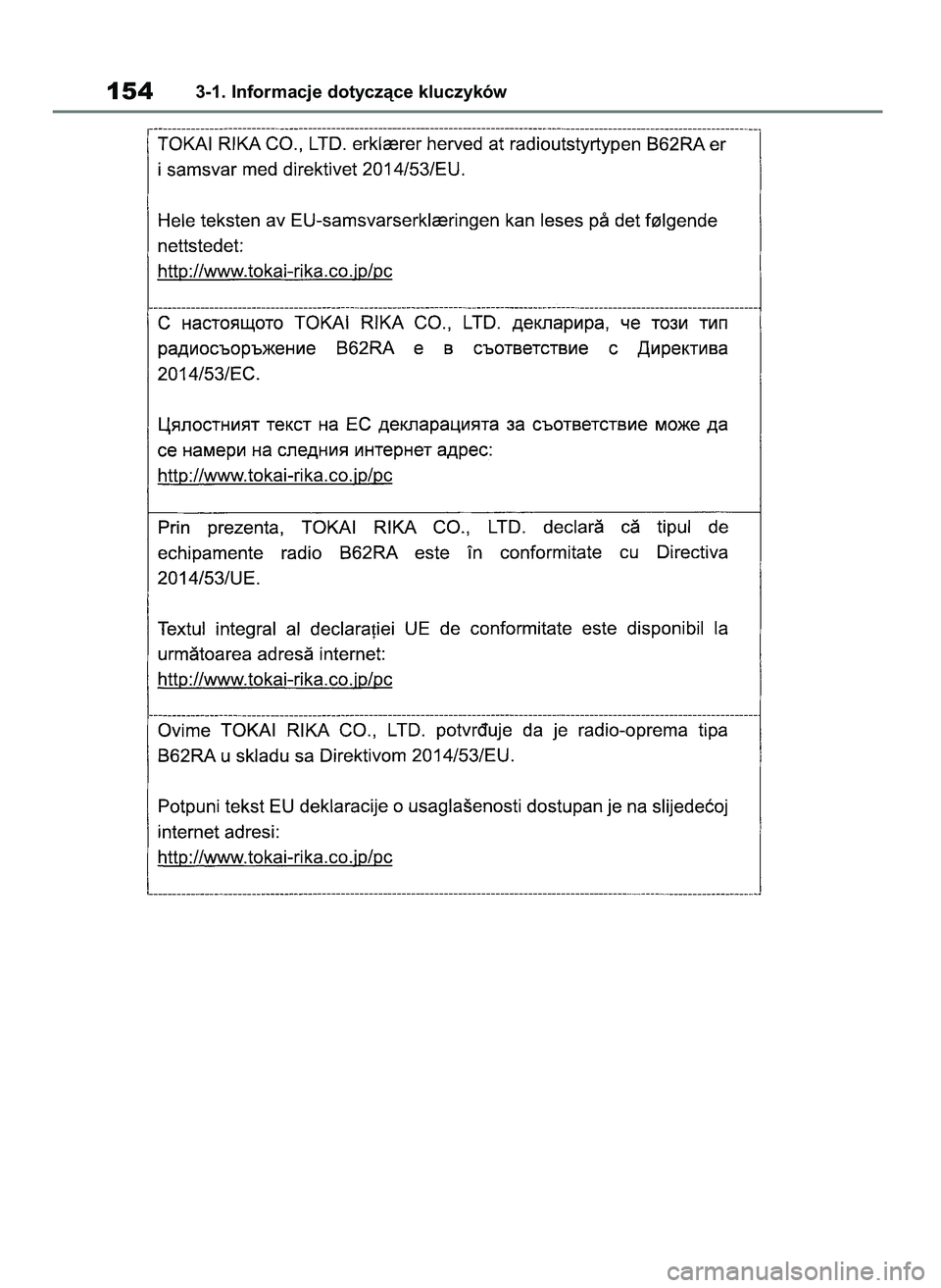 TOYOTA COROLLA HATCHBACK 2019 Instrukcja obsługi (in Polish) 1543-1. Informacje dotyczàce kluczyków
55 Corolla Wagon OM12L25E 28/1/19 16:16 Page 154 TOYOTA COROLLA HATCHBACK 2019 Instrukcja obsługi (in Polish) 1543-1. Informacje dotyczàce kluczyków
55 Corolla Wagon OM12L25E 28/1/19 16:16 Page 154