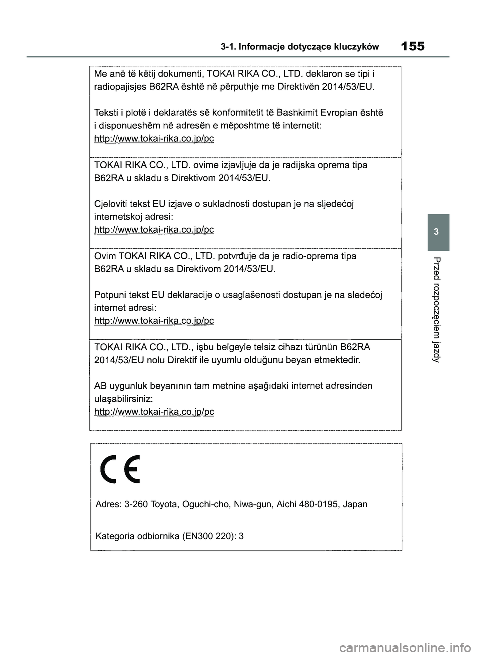TOYOTA COROLLA HATCHBACK 2019 Instrukcja obsługi (in Polish) Przed rozpocz´ciem jazdy
3-1. Informacje dotyczàce kluczyków155
3
Adres: 3-260 Toyota, Oguchi-cho, Niwa-gun, Aichi 480-0195, Japan
Kategoria odbiornika (EN300 220): 3
55 Corolla Wagon OM12L25E 28/ TOYOTA COROLLA HATCHBACK 2019 Instrukcja obsługi (in Polish) Przed rozpocz´ciem jazdy
3-1. Informacje dotyczàce kluczyków155
3
Adres: 3-260 Toyota, Oguchi-cho, Niwa-gun, Aichi 480-0195, Japan
Kategoria odbiornika (EN300 220): 3
55 Corolla Wagon OM12L25E 28/