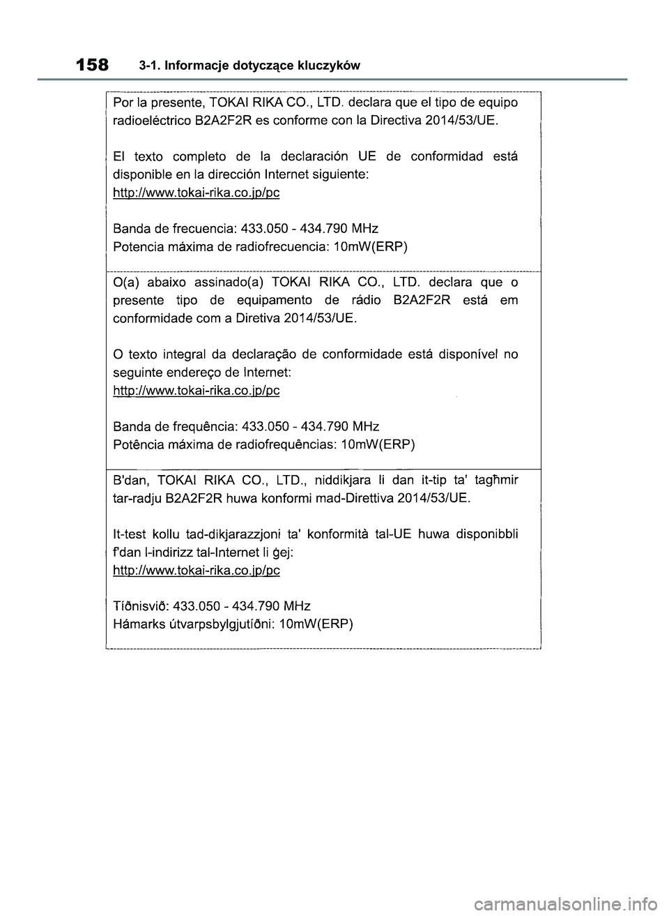 TOYOTA COROLLA HATCHBACK 2019 Instrukcja obsługi (in Polish) 1583-1. Informacje dotyczàce kluczyków
55 Corolla Wagon OM12L25E 28/1/19 16:16 Page 158 TOYOTA COROLLA HATCHBACK 2019 Instrukcja obsługi (in Polish) 1583-1. Informacje dotyczàce kluczyków
55 Corolla Wagon OM12L25E 28/1/19 16:16 Page 158