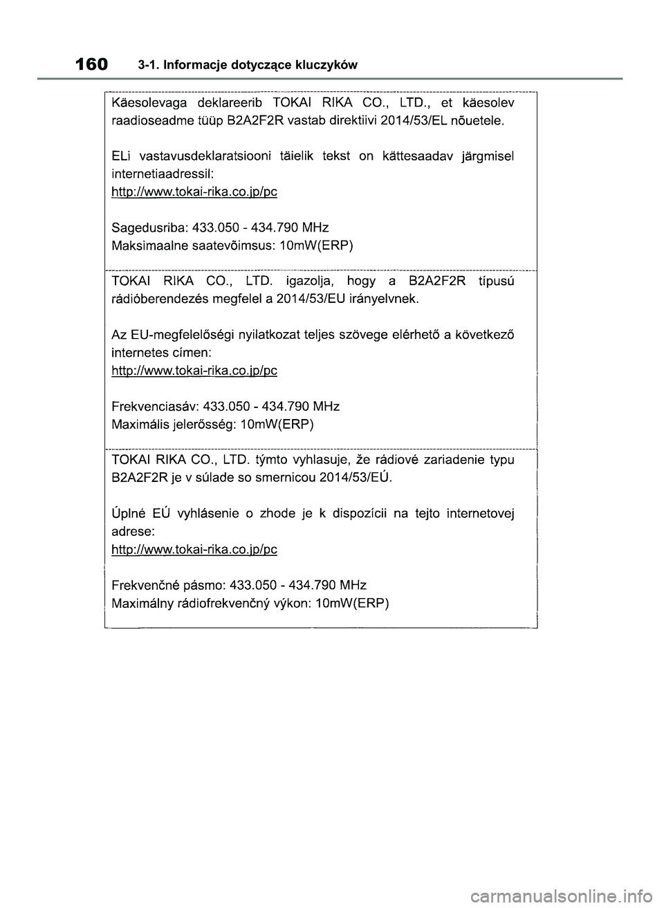 TOYOTA COROLLA HATCHBACK 2019 Instrukcja obsługi (in Polish) 1603-1. Informacje dotyczàce kluczyków
55 Corolla Wagon OM12L25E 28/1/19 16:16 Page 160 TOYOTA COROLLA HATCHBACK 2019 Instrukcja obsługi (in Polish) 1603-1. Informacje dotyczàce kluczyków
55 Corolla Wagon OM12L25E 28/1/19 16:16 Page 160