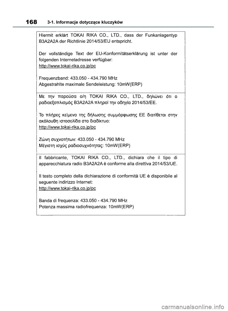 TOYOTA COROLLA HATCHBACK 2019 Instrukcja obsługi (in Polish) 1683-1. Informacje dotyczàce kluczyków
55 Corolla Wagon OM12L25E 28/1/19 16:16 Page 168 TOYOTA COROLLA HATCHBACK 2019 Instrukcja obsługi (in Polish) 1683-1. Informacje dotyczàce kluczyków
55 Corolla Wagon OM12L25E 28/1/19 16:16 Page 168