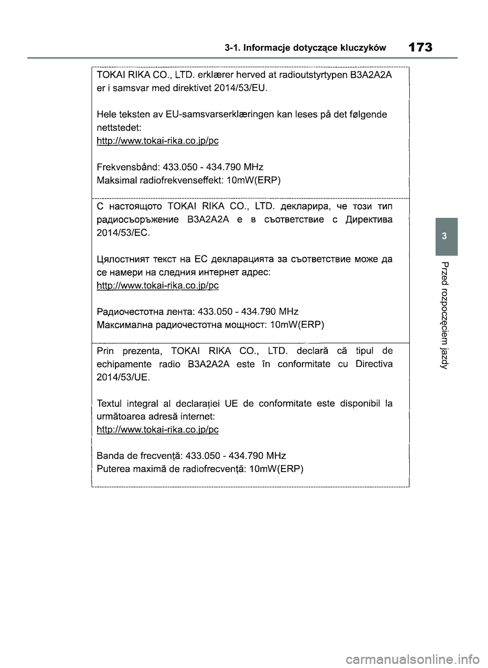 TOYOTA COROLLA HATCHBACK 2019  Instrukcja obsługi (in Polish) Przed rozpocz´ciem jazdy
3-1. Informacje dotyczàce kluczyków173
3
55 Corolla Wagon OM12L25E  28/1/19  16:16  Page 173 