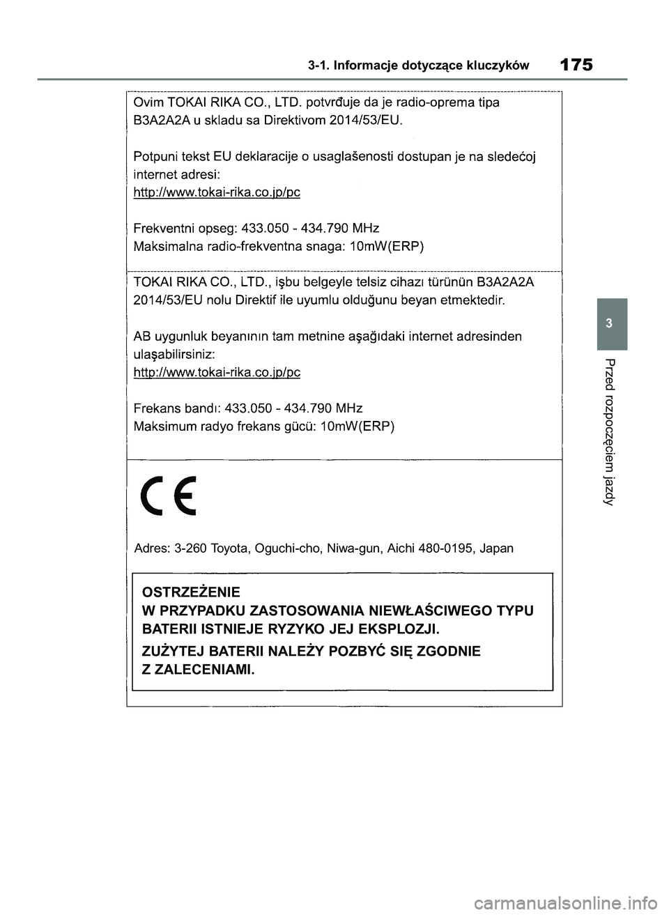 TOYOTA COROLLA HATCHBACK 2019  Instrukcja obsługi (in Polish) Przed rozpocz´ciem jazdy
3-1. Informacje dotyczàce kluczyków175
3
Adres: 3-260 Toyota, Oguchi-cho, Niwa-gun, Aichi 480-0195, Japan
OSTRZE˚ENIE
W PRZYPADKU ZASTOSOWANIA NIEW¸AÂCIWEGO TYPU
BATERII