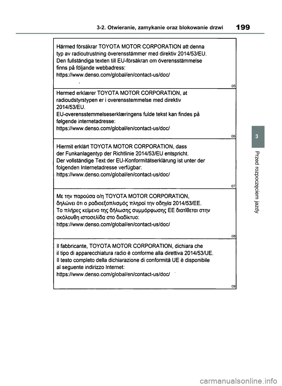 TOYOTA COROLLA HATCHBACK 2019  Instrukcja obsługi (in Polish) Przed rozpocz´ciem jazdy
3-2. Otwieranie, zamykanie oraz blokowanie drzwi199
3
55 Corolla Wagon OM12L25E  28/1/19  16:16  Page 199 