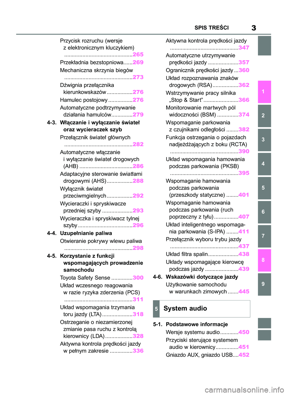 TOYOTA COROLLA HATCHBACK 2019  Instrukcja obsługi (in Polish) Przycisk rozruchu (wersje 
z elektronicznym kluczykiem)
.............................................265
Przek∏adnia bezstopniowa......269
Mechaniczna skrzynia biegów
..............................