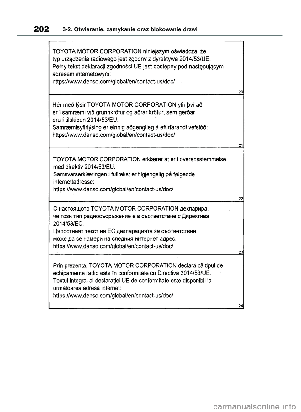 TOYOTA COROLLA HATCHBACK 2019 Instrukcja obsługi (in Polish) 2023-2. Otwieranie, zamykanie oraz blokowanie drzwi
55 Corolla Wagon OM12L25E 28/1/19 16:17 Page 202 TOYOTA COROLLA HATCHBACK 2019 Instrukcja obsługi (in Polish) 2023-2. Otwieranie, zamykanie oraz blokowanie drzwi
55 Corolla Wagon OM12L25E 28/1/19 16:17 Page 202