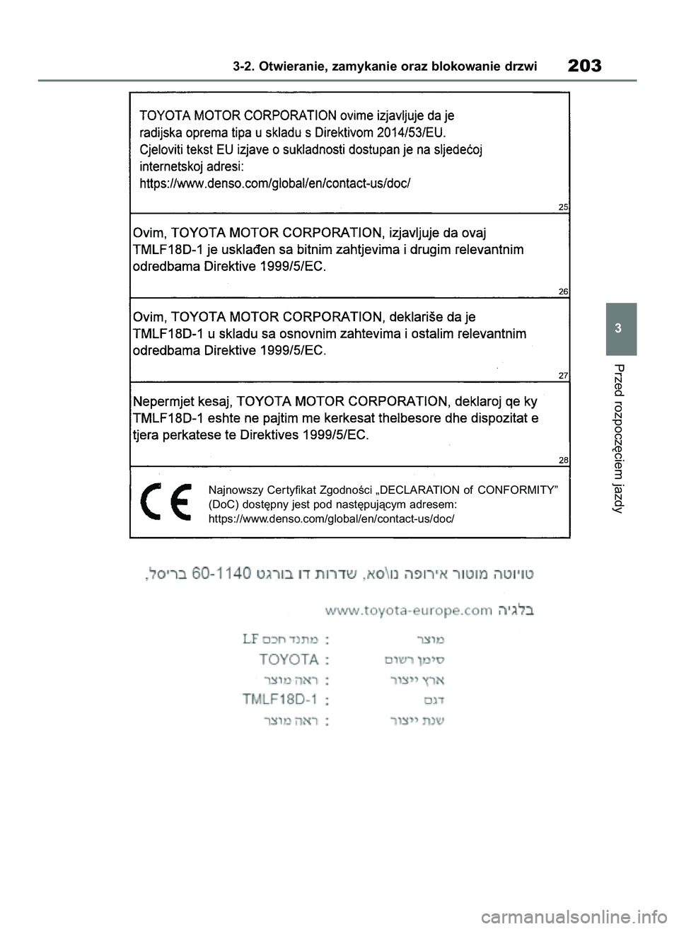 TOYOTA COROLLA HATCHBACK 2019 Instrukcja obsługi (in Polish) Przed rozpocz´ciem jazdy
3-2. Otwieranie, zamykanie oraz blokowanie drzwi203
3
Najnowszy Cer tyfikat ZgodnoÊci „DECLARATION of CONFORMITY”
(DoC) dost´pny jest pod nast´pujàcym adresem:
https: TOYOTA COROLLA HATCHBACK 2019 Instrukcja obsługi (in Polish) Przed rozpocz´ciem jazdy
3-2. Otwieranie, zamykanie oraz blokowanie drzwi203
3
Najnowszy Cer tyfikat ZgodnoÊci „DECLARATION of CONFORMITY”
(DoC) dost´pny jest pod nast´pujàcym adresem:
https: