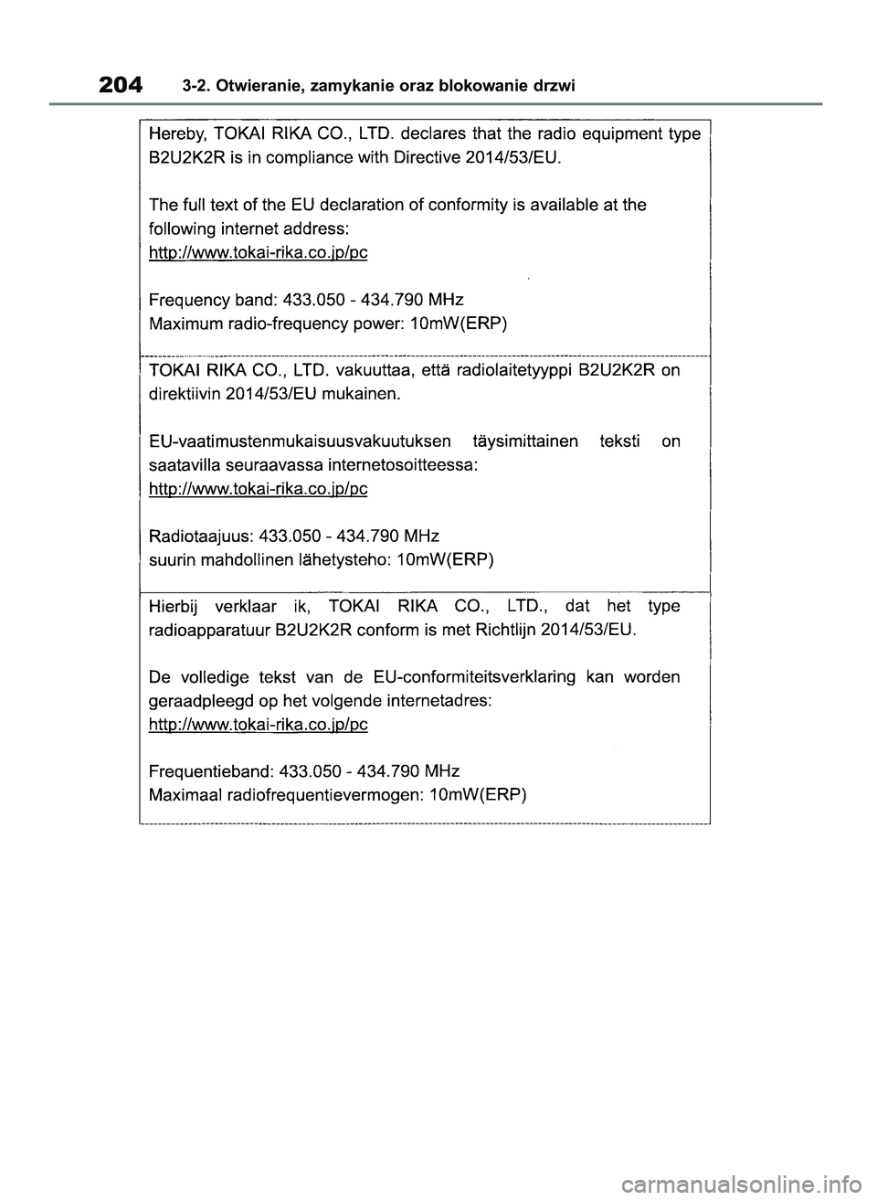 TOYOTA COROLLA HATCHBACK 2019 Instrukcja obsługi (in Polish) 2043-2. Otwieranie, zamykanie oraz blokowanie drzwi
55 Corolla Wagon OM12L25E 28/1/19 16:17 Page 204 TOYOTA COROLLA HATCHBACK 2019 Instrukcja obsługi (in Polish) 2043-2. Otwieranie, zamykanie oraz blokowanie drzwi
55 Corolla Wagon OM12L25E 28/1/19 16:17 Page 204