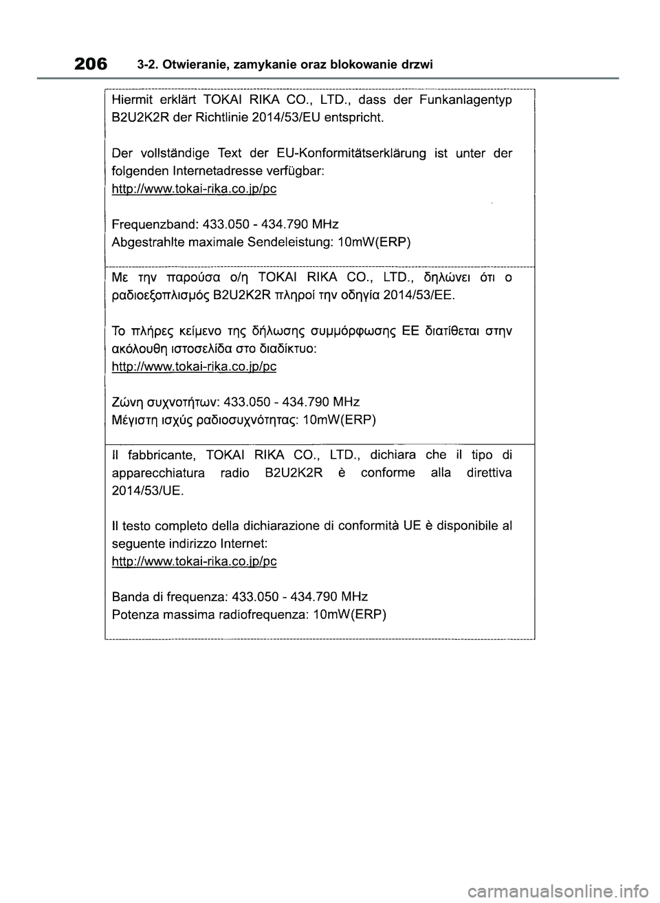 TOYOTA COROLLA HATCHBACK 2019 Instrukcja obsługi (in Polish) 2063-2. Otwieranie, zamykanie oraz blokowanie drzwi
55 Corolla Wagon OM12L25E 28/1/19 16:17 Page 206 TOYOTA COROLLA HATCHBACK 2019 Instrukcja obsługi (in Polish) 2063-2. Otwieranie, zamykanie oraz blokowanie drzwi
55 Corolla Wagon OM12L25E 28/1/19 16:17 Page 206