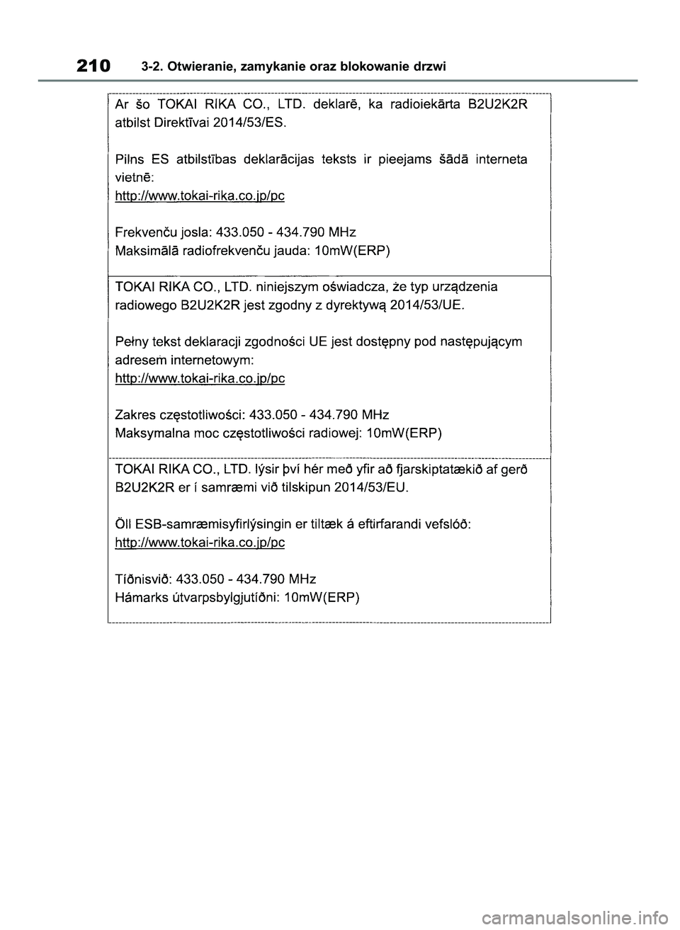 TOYOTA COROLLA HATCHBACK 2019 Instrukcja obsługi (in Polish) 2103-2. Otwieranie, zamykanie oraz blokowanie drzwi
55 Corolla Wagon OM12L25E 28/1/19 16:17 Page 210 TOYOTA COROLLA HATCHBACK 2019 Instrukcja obsługi (in Polish) 2103-2. Otwieranie, zamykanie oraz blokowanie drzwi
55 Corolla Wagon OM12L25E 28/1/19 16:17 Page 210