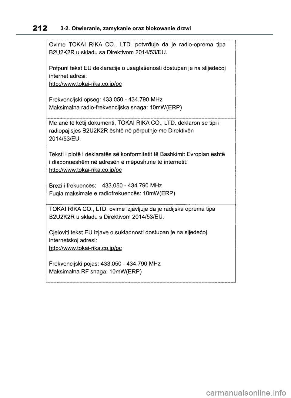 TOYOTA COROLLA HATCHBACK 2019  Instrukcja obsługi (in Polish) 2123-2. Otwieranie, zamykanie oraz blokowanie drzwi
55 Corolla Wagon OM12L25E  28/1/19  16:17  Page 212 