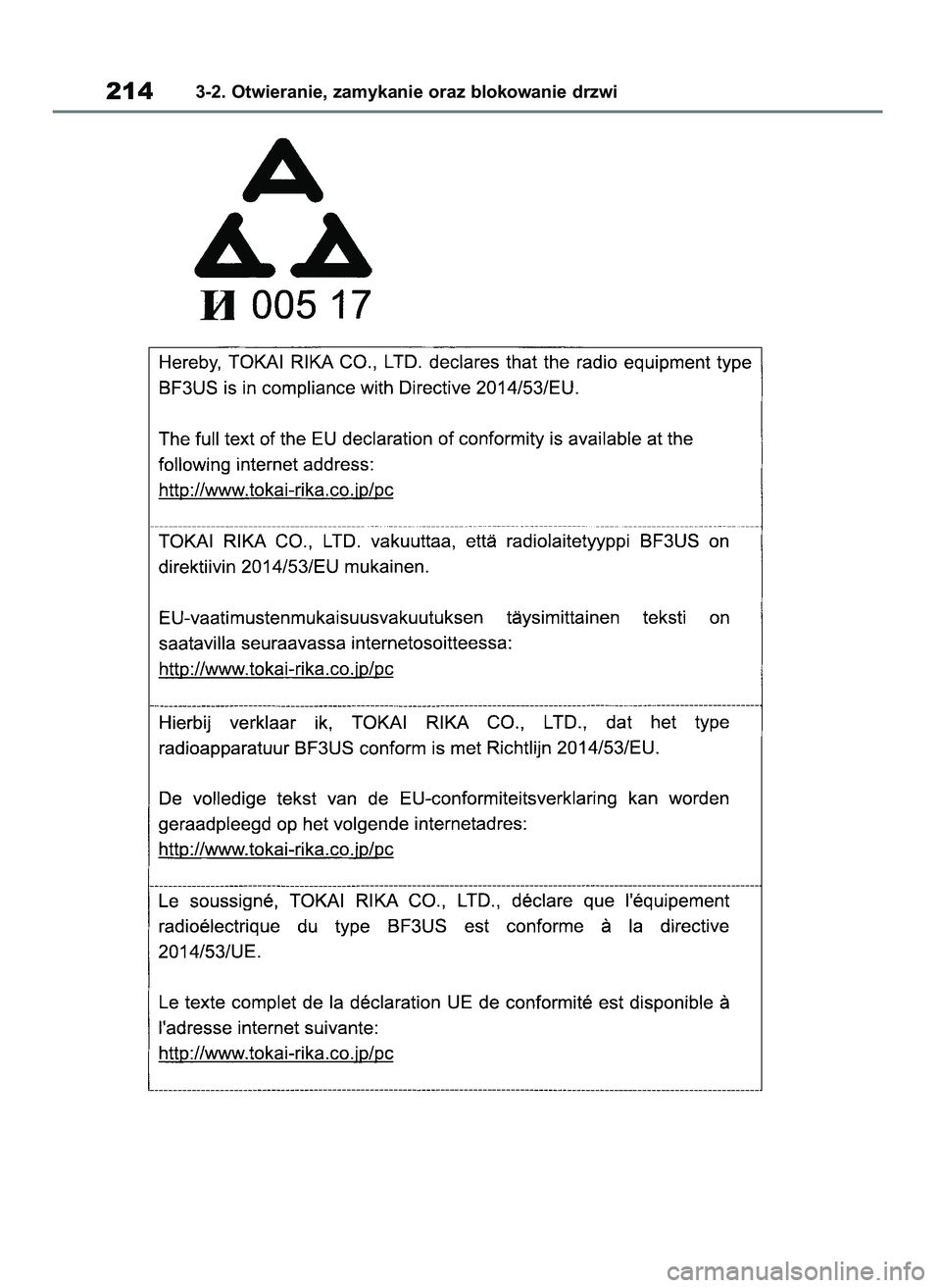 TOYOTA COROLLA HATCHBACK 2019  Instrukcja obsługi (in Polish) 2143-2. Otwieranie, zamykanie oraz blokowanie drzwi
55 Corolla Wagon OM12L25E  28/1/19  16:17  Page 214 