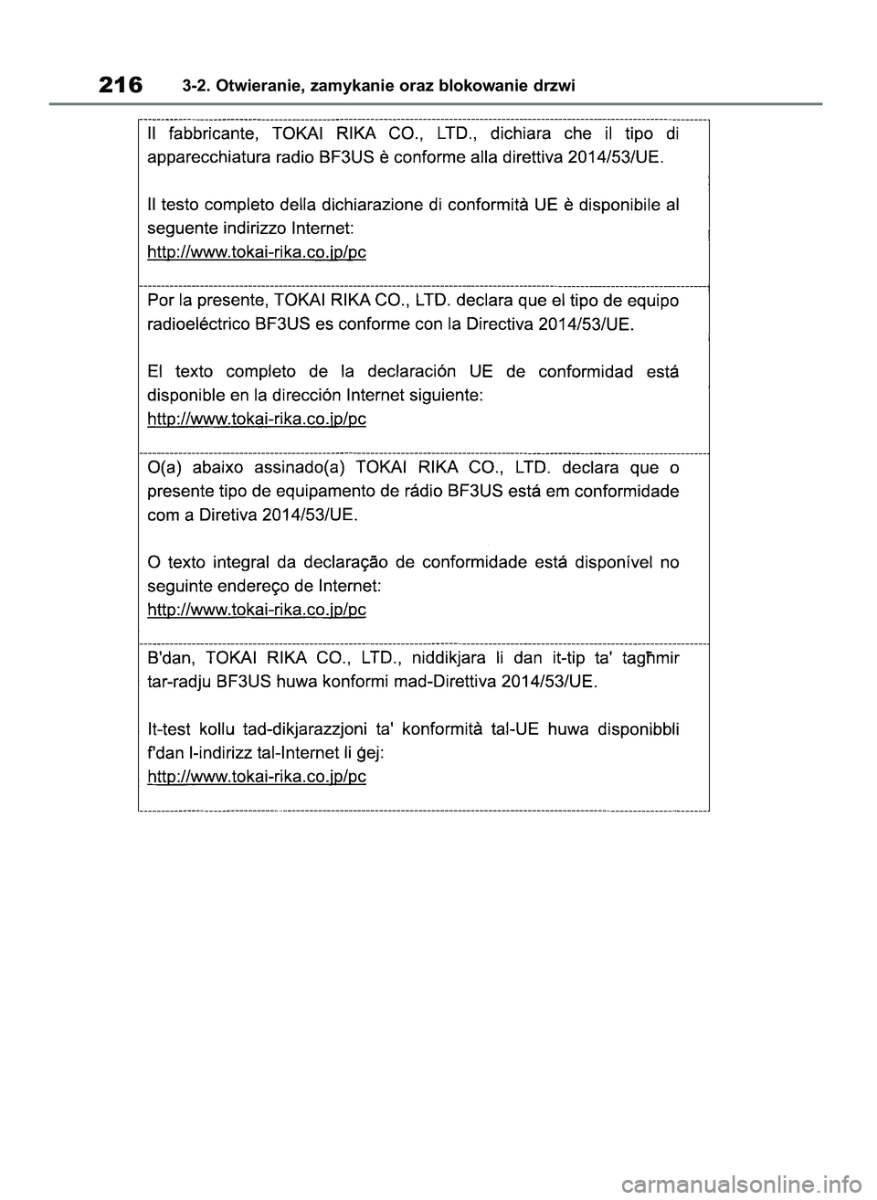 TOYOTA COROLLA HATCHBACK 2019  Instrukcja obsługi (in Polish) 2163-2. Otwieranie, zamykanie oraz blokowanie drzwi
55 Corolla Wagon OM12L25E  28/1/19  16:17  Page 216 