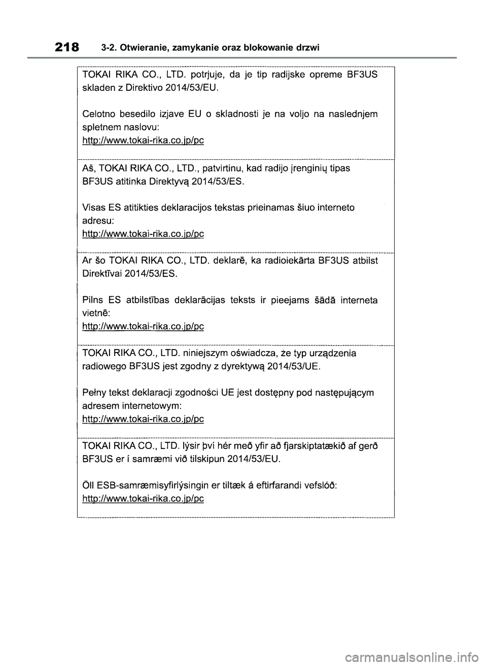 TOYOTA COROLLA HATCHBACK 2019  Instrukcja obsługi (in Polish) 2183-2. Otwieranie, zamykanie oraz blokowanie drzwi
55 Corolla Wagon OM12L25E  28/1/19  16:17  Page 218 