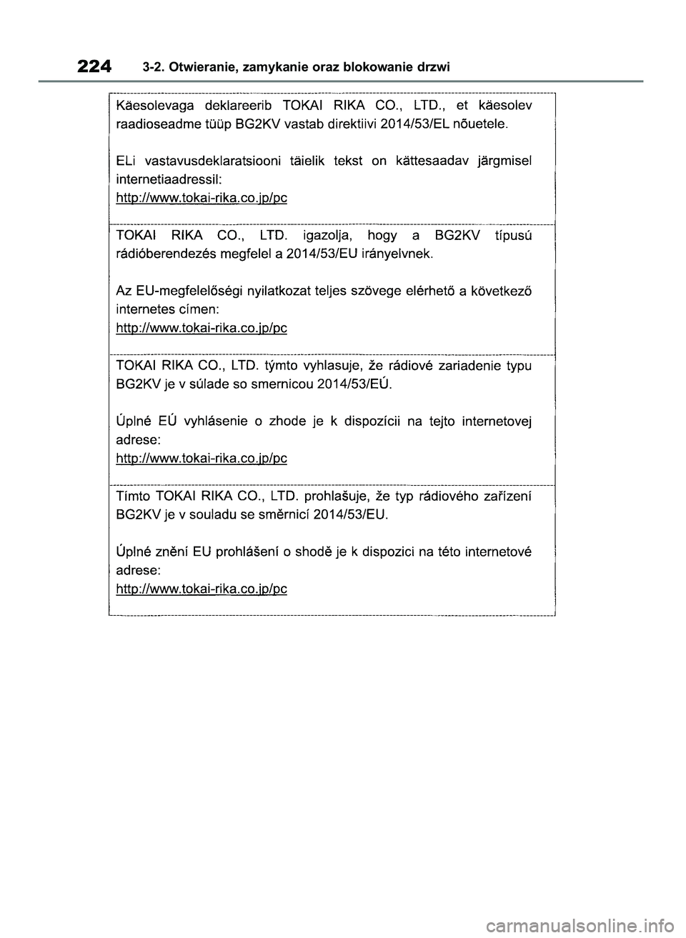 TOYOTA COROLLA HATCHBACK 2019  Instrukcja obsługi (in Polish) 2243-2. Otwieranie, zamykanie oraz blokowanie drzwi
55 Corolla Wagon OM12L25E  28/1/19  16:17  Page 224 
