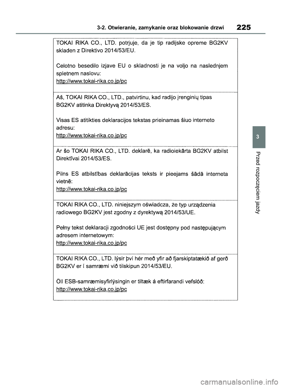 TOYOTA COROLLA HATCHBACK 2019  Instrukcja obsługi (in Polish) Przed rozpocz´ciem jazdy
3-2. Otwieranie, zamykanie oraz blokowanie drzwi225
3
55 Corolla Wagon OM12L25E  28/1/19  16:17  Page 225 