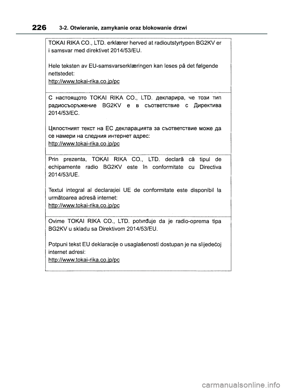TOYOTA COROLLA HATCHBACK 2019  Instrukcja obsługi (in Polish) 2263-2. Otwieranie, zamykanie oraz blokowanie drzwi
55 Corolla Wagon OM12L25E  28/1/19  16:17  Page 226 