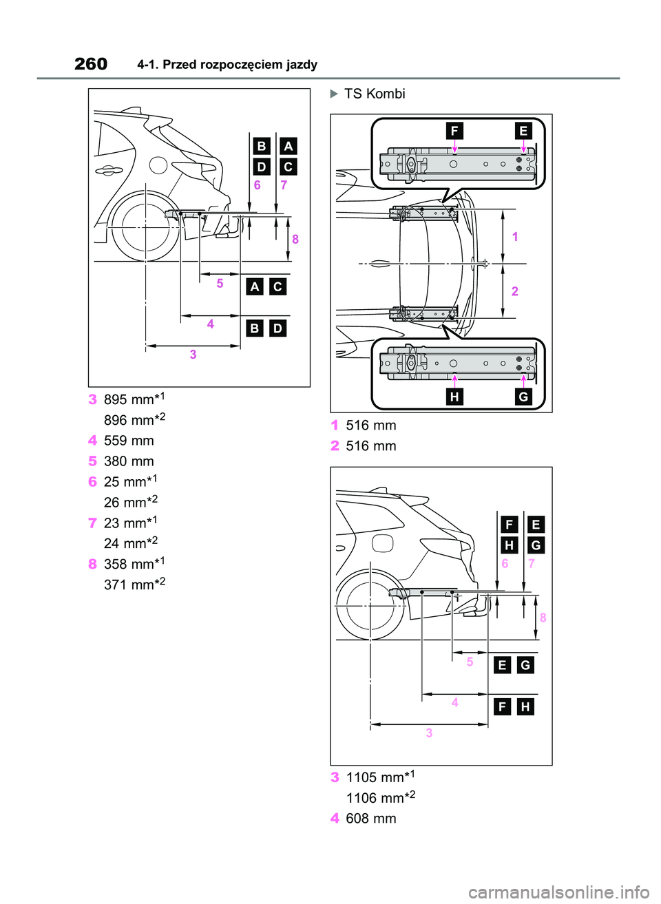 TOYOTA COROLLA HATCHBACK 2019 Instrukcja obsługi (in Polish) 3895 mm*1
896 mm*2
4559 mm
5380 mm
625 mm*
1
26 mm*2
723 mm*1
24 mm*2
8358 mm*1
371 mm*2
óTS Kombi
1516 mm
2516 mm
31105 mm*
1
1106 mm*2
4608 mm
2604-1. Przed rozpocz´ciem jazdy
55 Corolla Wagon OM1 TOYOTA COROLLA HATCHBACK 2019 Instrukcja obsługi (in Polish) 3895 mm*1
896 mm*2
4559 mm
5380 mm
625 mm*
1
26 mm*2
723 mm*1
24 mm*2
8358 mm*1
371 mm*2
óTS Kombi
1516 mm
2516 mm
31105 mm*
1
1106 mm*2
4608 mm
2604-1. Przed rozpocz´ciem jazdy
55 Corolla Wagon OM1