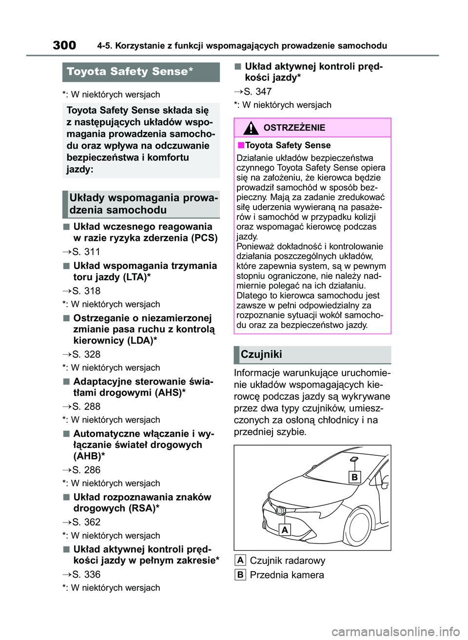 TOYOTA COROLLA HATCHBACK 2019  Instrukcja obsługi (in Polish) *: W niektórych wersjach
Uk∏ad wczesnego reagowania
w razie ryzyka zderzenia (PCS)
S. 311
Uk∏ad wspomagania trzymania
toru jazdy (LTA)*
S. 318
*: W niektórych wersjach
Ostrzeganie o niezamierz