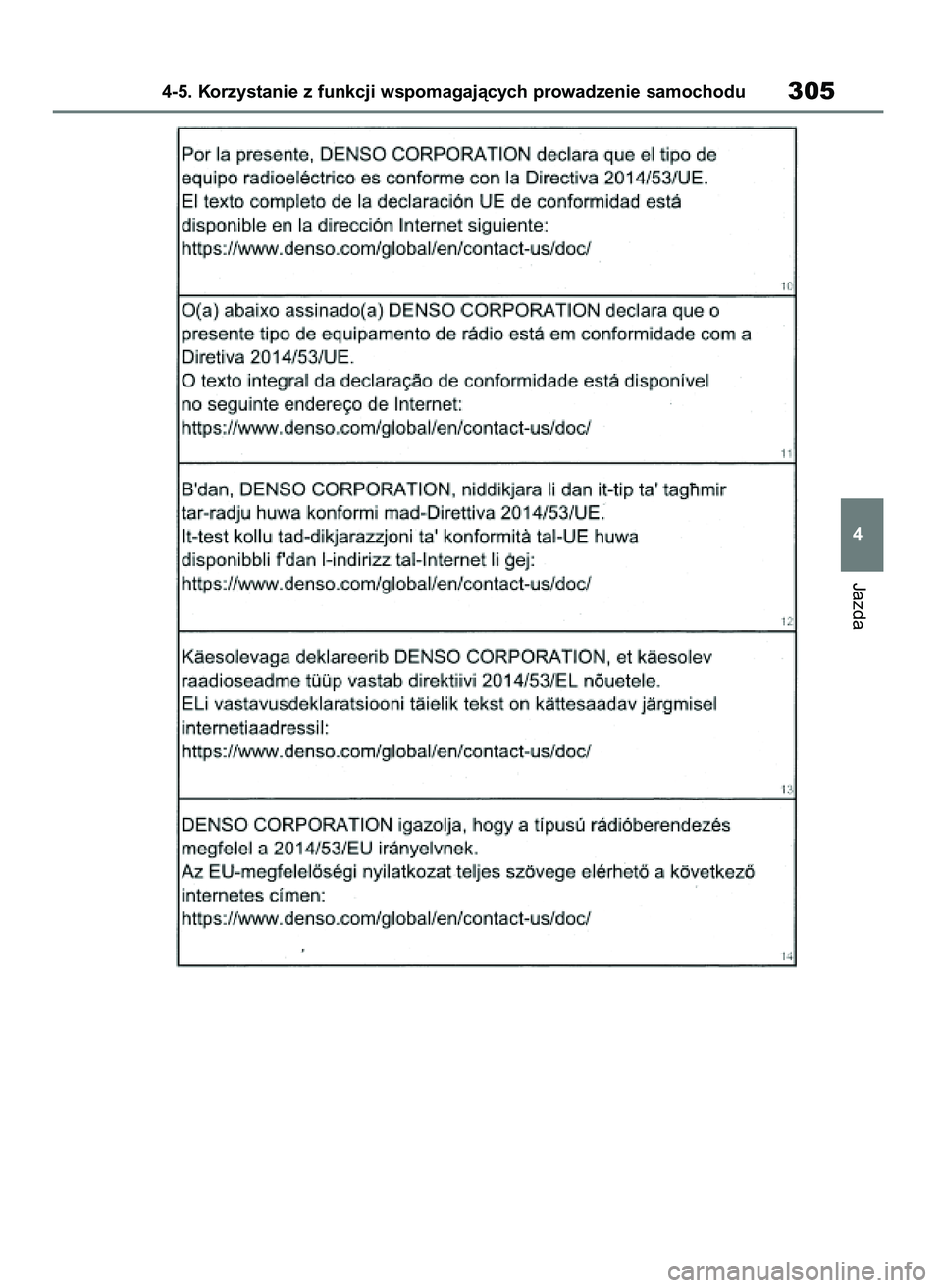 TOYOTA COROLLA HATCHBACK 2019  Instrukcja obsługi (in Polish) Jazda
4-5. Korzystanie z funkcji wspomagajàcych prowadzenie samochodu305
4
55 Corolla Wagon OM12L25E  28/1/19  16:17  Page 305 