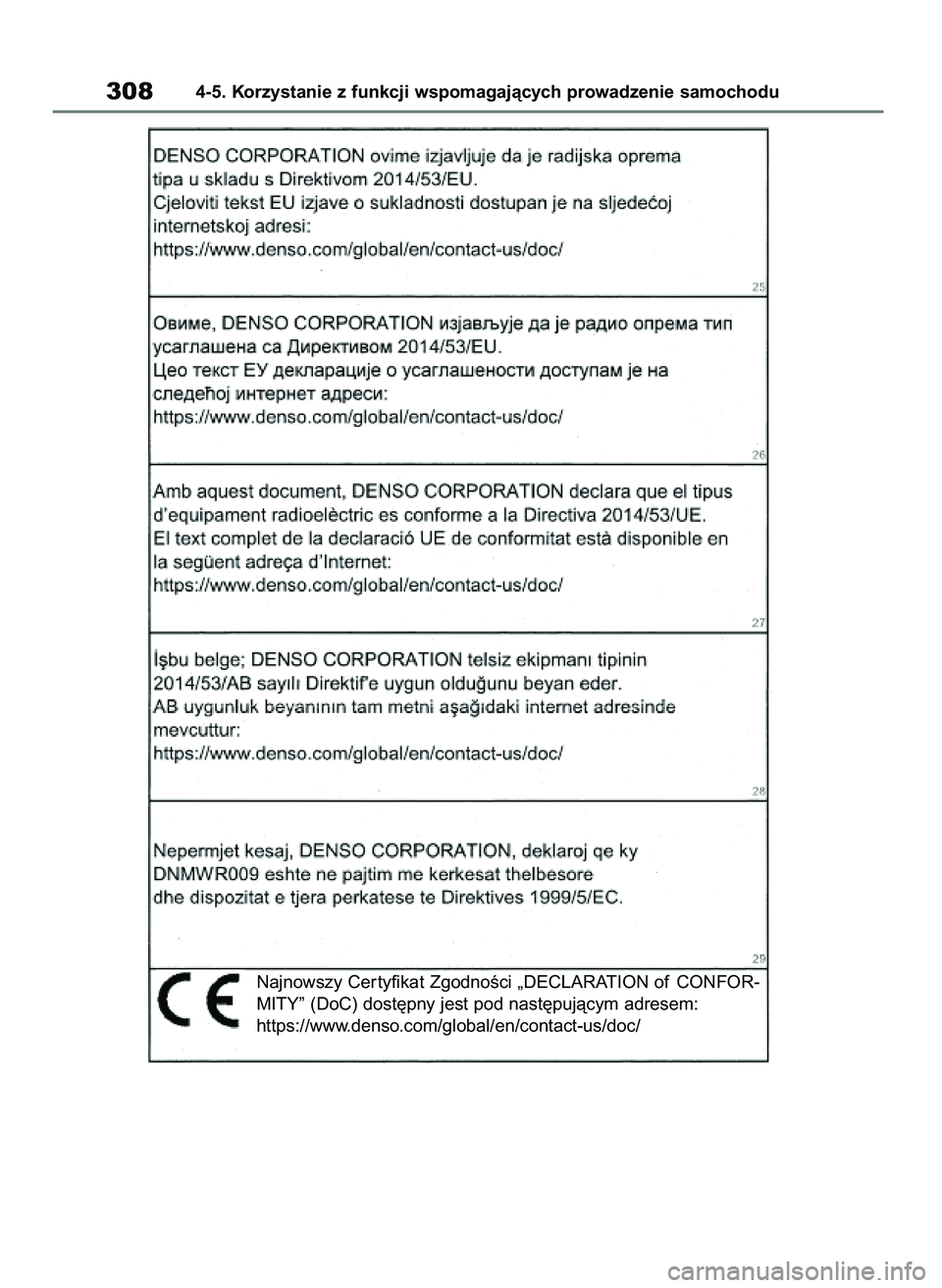 TOYOTA COROLLA HATCHBACK 2019  Instrukcja obsługi (in Polish) 3084-5. Korzystanie z funkcji wspomagajàcych prowadzenie samochodu
Najnowszy Cer tyfikat ZgodnoÊci „DECLARATION of CONFOR-
MITY” (DoC) dost´pny jest pod nast´pujàcym adresem:
https://www.dens