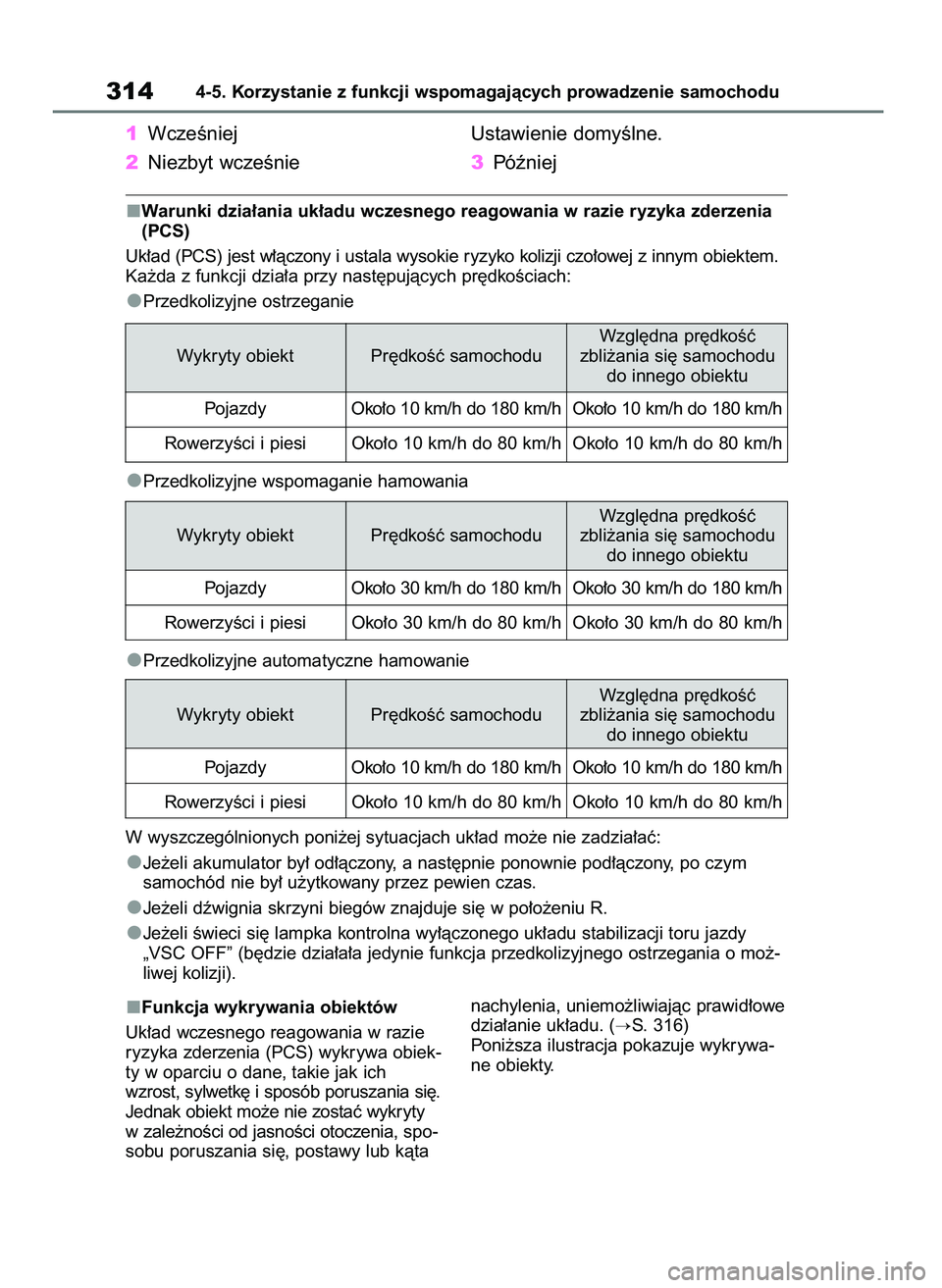 TOYOTA COROLLA HATCHBACK 2019  Instrukcja obsługi (in Polish) Funkcja wykrywania obiektów
Uk∏ad wczesnego reagowania w razie
ryzyka zderzenia (PCS) wykrywa obiek-
ty w oparciu o dane, takie jak ich
wzrost, sylwetk´ i sposób poruszania si´.
Jednak obiekt mo