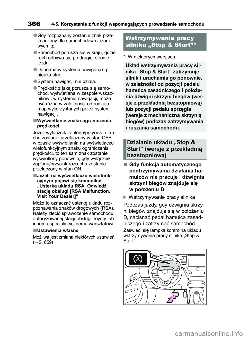 TOYOTA COROLLA HATCHBACK 2019  Instrukcja obsługi (in Polish) Gdy rozpoznany zostanie znak prze-
znaczony dla samochodów ci´˝aro-
wych itp.
Samochód porusza si´ w kraju, gdzie
ruch odbywa si´ po drugiej stronie
jezdni.
Dane mapy systemu nawigacji sà
nieak