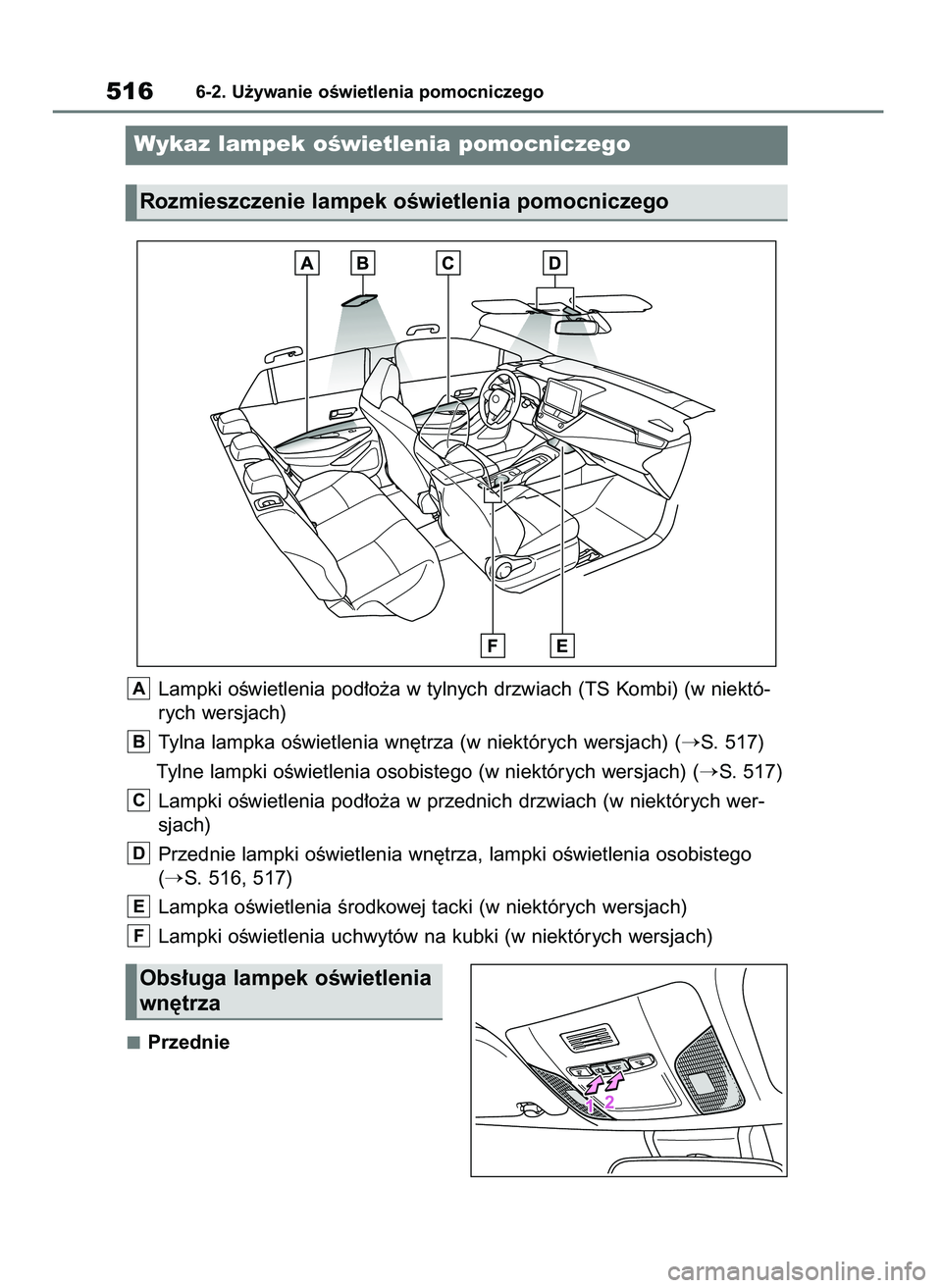 TOYOTA COROLLA HATCHBACK 2019  Instrukcja obsługi (in Polish) Przednie
5166-2. U˝ywanie oÊwietlenia pomocniczego
Wykaz lampek oÊwietlenia pomocniczego
Rozmieszczenie lampek oÊwietlenia pomocniczego
Lampki oÊwietlenia pod∏o˝a w tylnych drzwiach (TS Kombi)