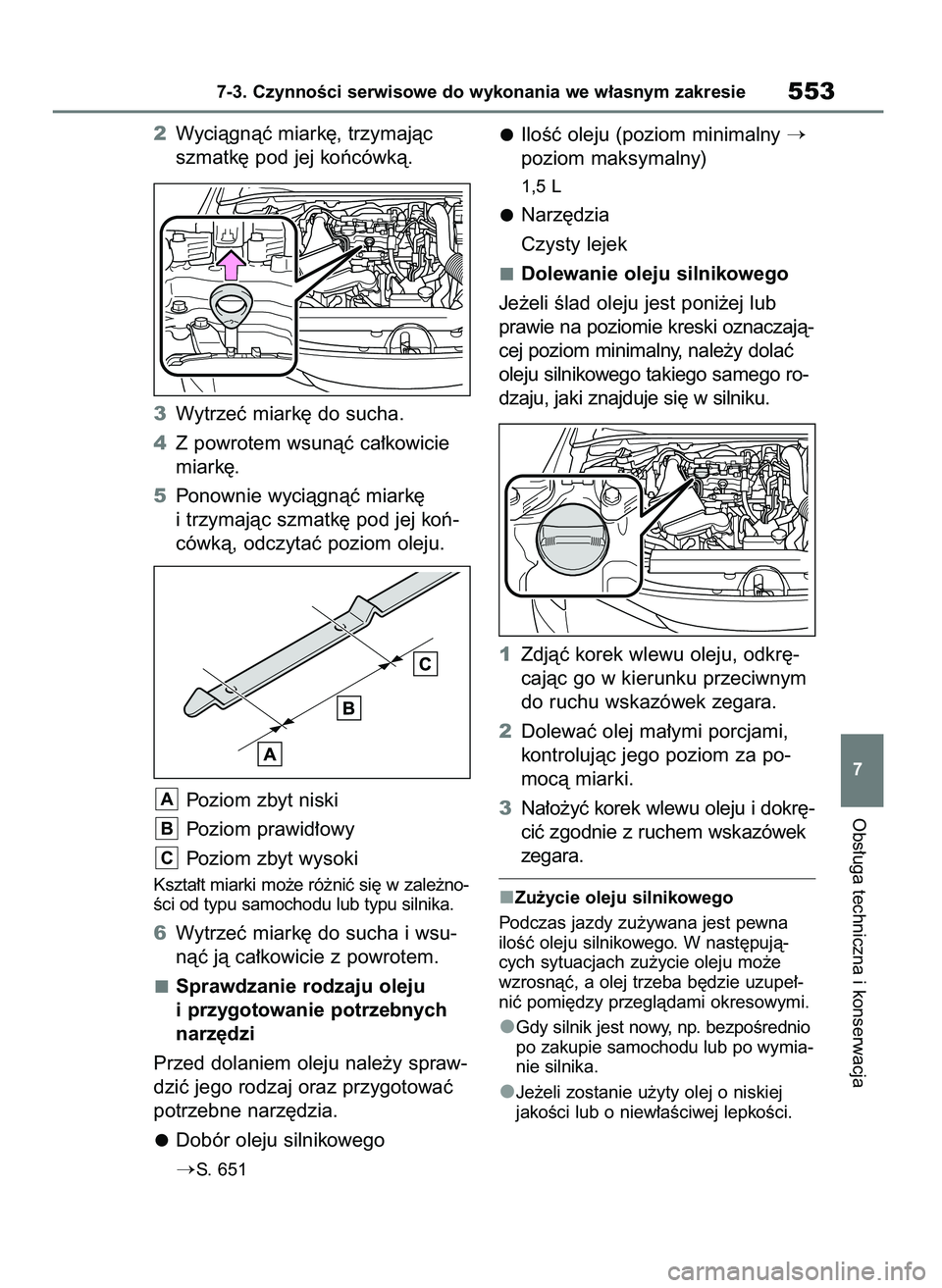 TOYOTA COROLLA HATCHBACK 2019  Instrukcja obsługi (in Polish) Obs∏uga techniczna i konserwacja
7-3. CzynnoÊci serwisowe do wykonania we w∏asnym zakresie553
7
2Wyciàgnàç miark´, trzymajàc
szmatk´ pod jej koƒcówkà.
3Wytrzeç miark´ do sucha.
4Z powr