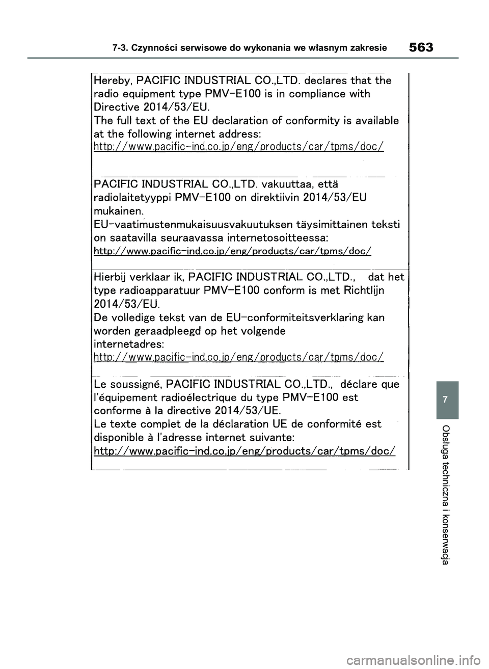 TOYOTA COROLLA HATCHBACK 2019 Instrukcja obsługi (in Polish) Obs∏uga techniczna i konserwacja
7-3. CzynnoÊci serwisowe do wykonania we w∏asnym zakresie563
7
55 Corolla Wagon OM12L25E 28/1/19 16:19 Page 563 TOYOTA COROLLA HATCHBACK 2019 Instrukcja obsługi (in Polish) Obs∏uga techniczna i konserwacja
7-3. CzynnoÊci serwisowe do wykonania we w∏asnym zakresie563
7
55 Corolla Wagon OM12L25E 28/1/19 16:19 Page 563