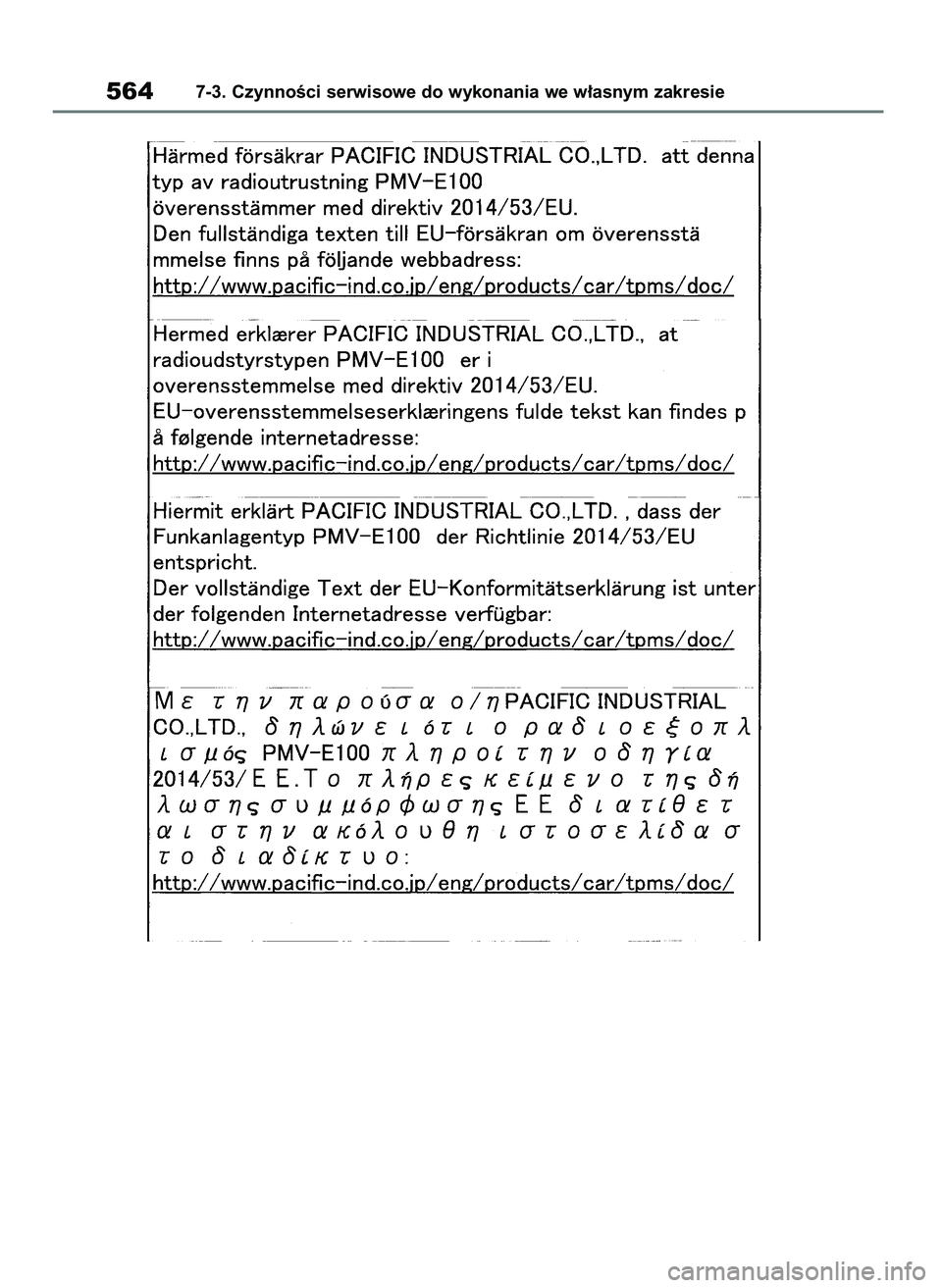 TOYOTA COROLLA HATCHBACK 2019 Instrukcja obsługi (in Polish) 5647-3. CzynnoÊci serwisowe do wykonania we w∏asnym zakresie
55 Corolla Wagon OM12L25E 28/1/19 16:19 Page 564 TOYOTA COROLLA HATCHBACK 2019 Instrukcja obsługi (in Polish) 5647-3. CzynnoÊci serwisowe do wykonania we w∏asnym zakresie
55 Corolla Wagon OM12L25E 28/1/19 16:19 Page 564