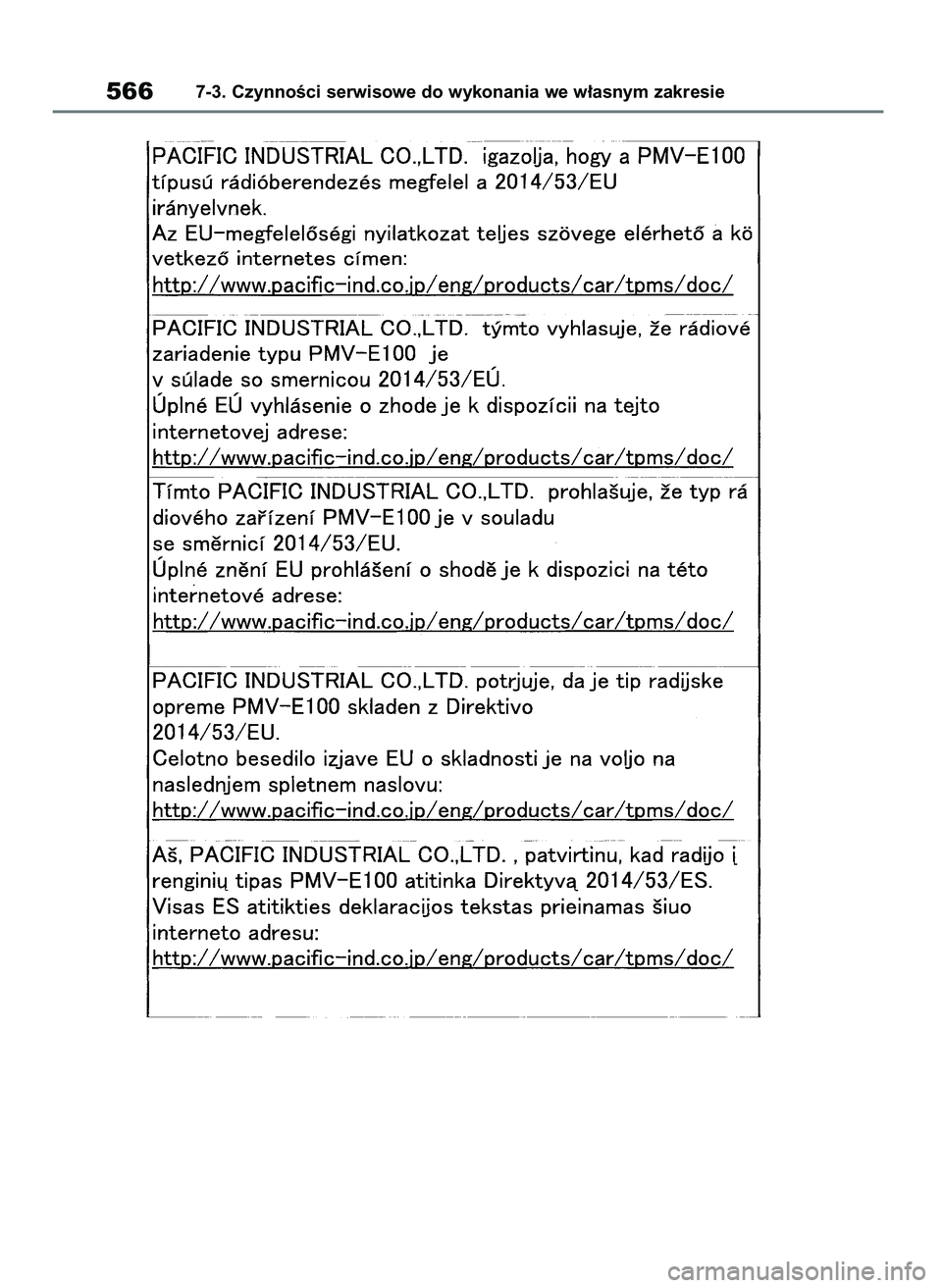 TOYOTA COROLLA HATCHBACK 2019 Instrukcja obsługi (in Polish) 5667-3. CzynnoÊci serwisowe do wykonania we w∏asnym zakresie
55 Corolla Wagon OM12L25E 28/1/19 16:19 Page 566 TOYOTA COROLLA HATCHBACK 2019 Instrukcja obsługi (in Polish) 5667-3. CzynnoÊci serwisowe do wykonania we w∏asnym zakresie
55 Corolla Wagon OM12L25E 28/1/19 16:19 Page 566