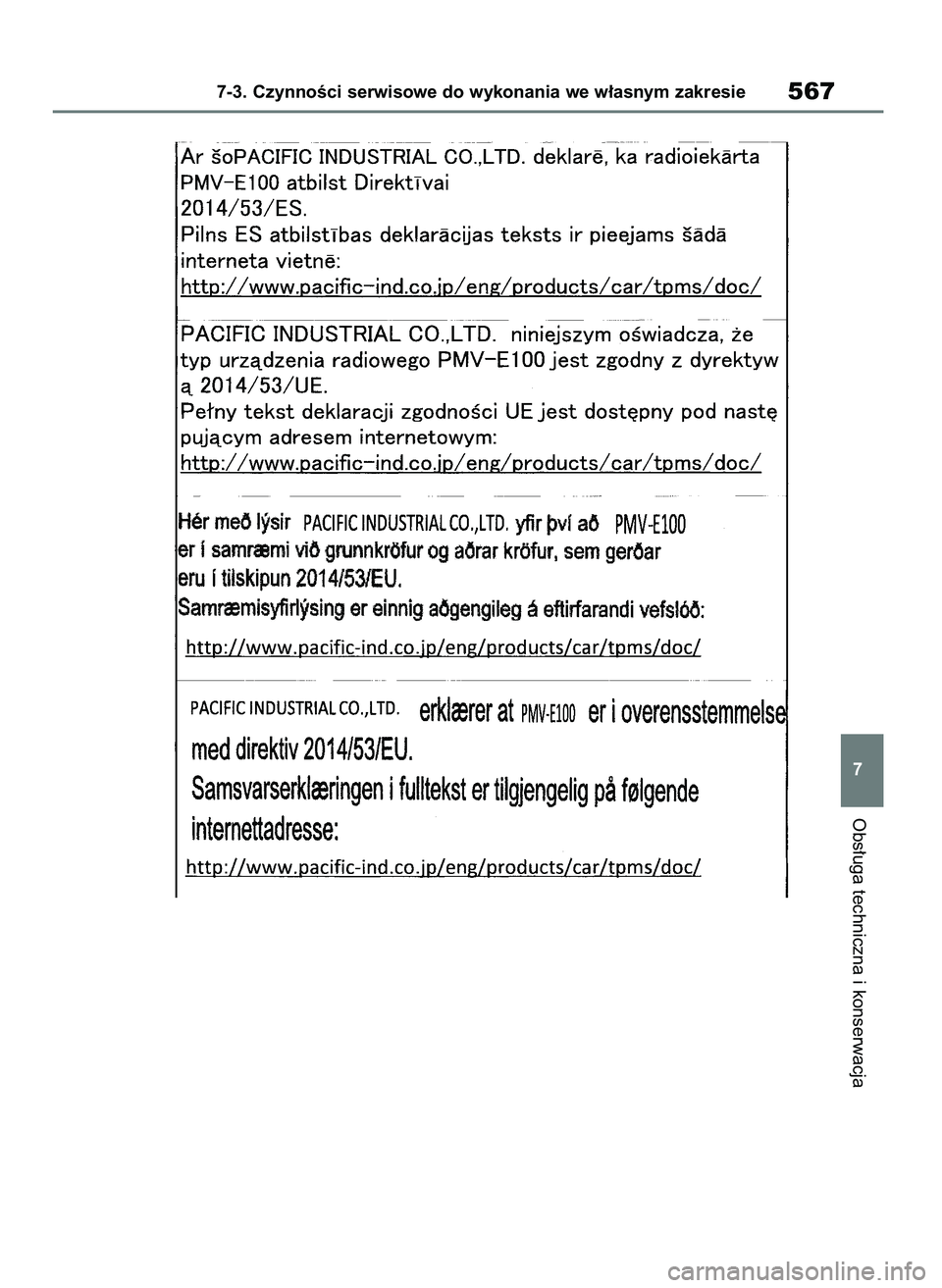 TOYOTA COROLLA HATCHBACK 2019 Instrukcja obsługi (in Polish) Obs∏uga techniczna i konserwacja
7-3. CzynnoÊci serwisowe do wykonania we w∏asnym zakresie567
7
55 Corolla Wagon OM12L25E 28/1/19 16:19 Page 567 TOYOTA COROLLA HATCHBACK 2019 Instrukcja obsługi (in Polish) Obs∏uga techniczna i konserwacja
7-3. CzynnoÊci serwisowe do wykonania we w∏asnym zakresie567
7
55 Corolla Wagon OM12L25E 28/1/19 16:19 Page 567