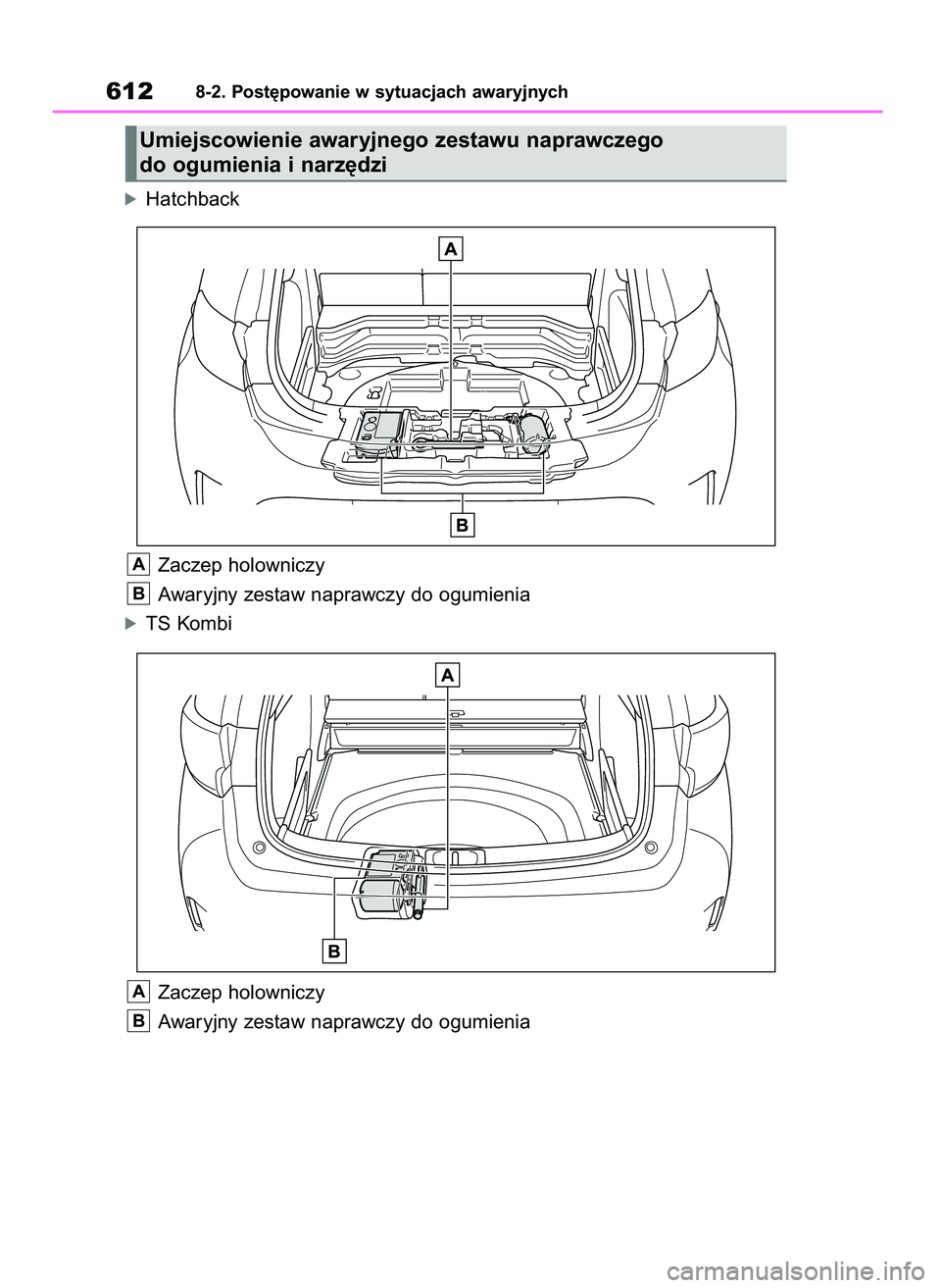 TOYOTA COROLLA HATCHBACK 2019  Instrukcja obsługi (in Polish) óHatchback
Zaczep holowniczy
Awaryjny zestaw naprawczy do ogumienia
óTS Kombi
Zaczep holowniczy
Awaryjny zestaw naprawczy do ogumienia
B
A
B
A
6128-2. Post´powanie w sytuacjach awaryjnych
Umiejscow