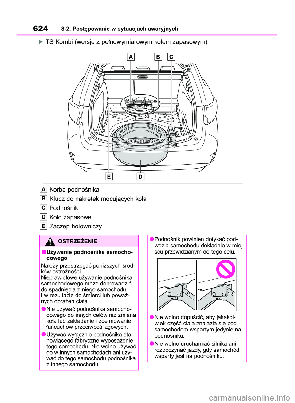 TOYOTA COROLLA HATCHBACK 2019 Instrukcja obsługi (in Polish) óTS Kombi (wersje z pe∏nowymiarowym ko∏em zapasowym)
Korba podnoÊnika
Klucz do nakr´tek mocujàcych ko∏a
PodnoÊnik
Ko∏o zapasowe
Zaczep holowniczy
E
D
C
B
A
6248-2. Post´powanie w sytuacj TOYOTA COROLLA HATCHBACK 2019 Instrukcja obsługi (in Polish) óTS Kombi (wersje z pe∏nowymiarowym ko∏em zapasowym)
Korba podnoÊnika
Klucz do nakr´tek mocujàcych ko∏a
PodnoÊnik
Ko∏o zapasowe
Zaczep holowniczy
E
D
C
B
A
6248-2. Post´powanie w sytuacj