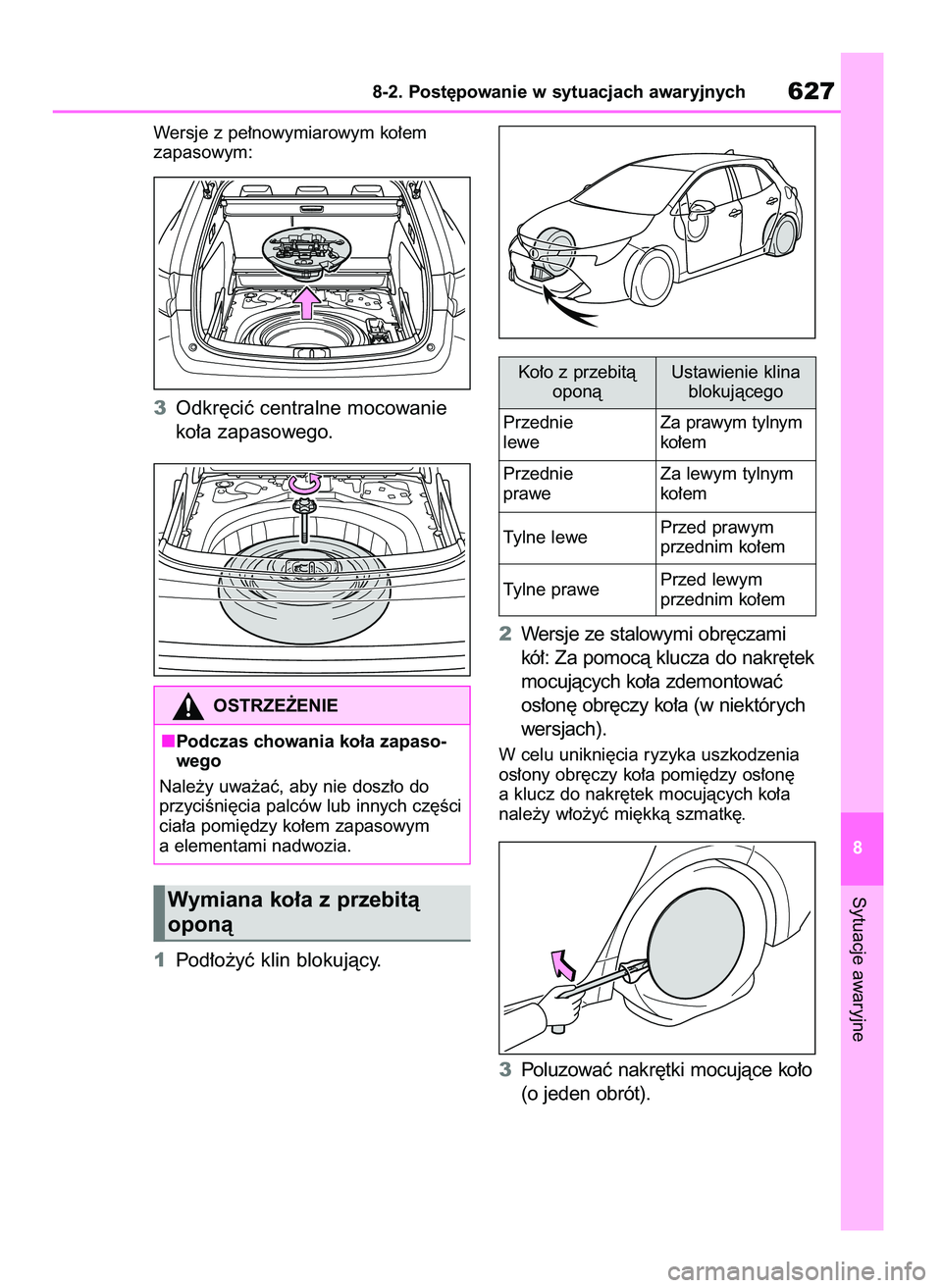 TOYOTA COROLLA HATCHBACK 2019 Instrukcja obsługi (in Polish) Wersje z pe∏nowymiarowym ko∏em
zapasowym:
3Odkr´ciç centralne mocowanie
ko∏a zapasowego.
1Pod∏o˝yç klin blokujàcy.2Wersje ze stalowymi obr´czami
kó∏: Za pomocà klucza do nakr´tek
m TOYOTA COROLLA HATCHBACK 2019 Instrukcja obsługi (in Polish) Wersje z pe∏nowymiarowym ko∏em
zapasowym:
3Odkr´ciç centralne mocowanie
ko∏a zapasowego.
1Pod∏o˝yç klin blokujàcy.2Wersje ze stalowymi obr´czami
kó∏: Za pomocà klucza do nakr´tek
m
