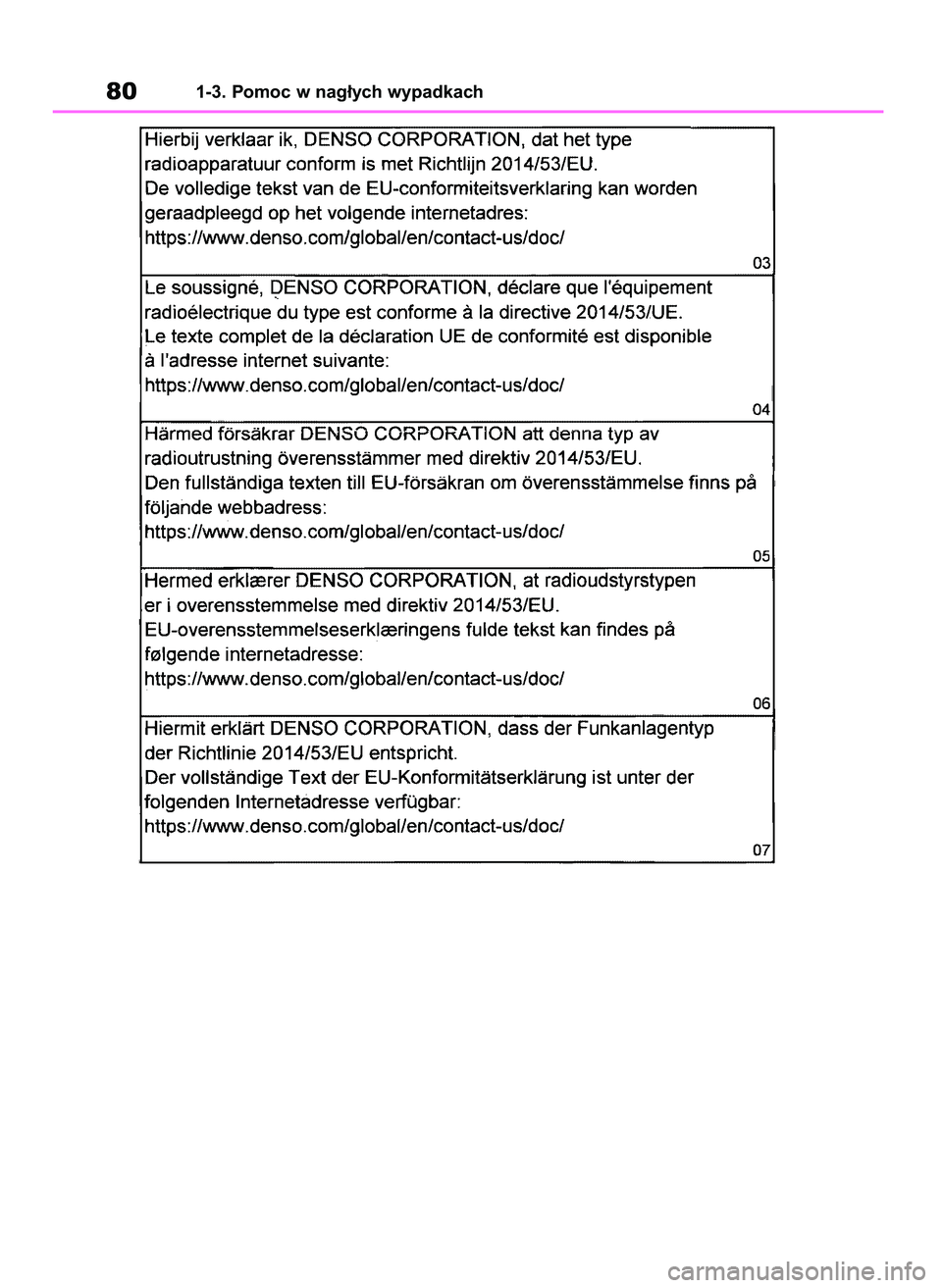 TOYOTA COROLLA HATCHBACK 2019 Instrukcja obsługi (in Polish) 801-3. Pomoc w nag∏ych wypadkach
55 Corolla Wagon OM12L25E 28/1/19 16:16 Page 80 TOYOTA COROLLA HATCHBACK 2019 Instrukcja obsługi (in Polish) 801-3. Pomoc w nag∏ych wypadkach
55 Corolla Wagon OM12L25E 28/1/19 16:16 Page 80