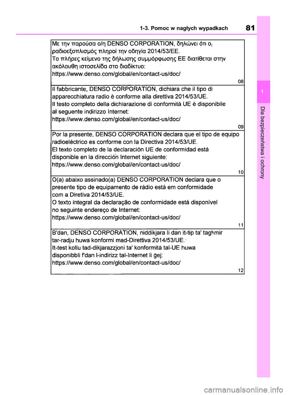 TOYOTA COROLLA HATCHBACK 2019  Instrukcja obsługi (in Polish) Dla bezpieczeƒstwa i ochrony
1-3. Pomoc w nag∏ych wypadkach81
1
55 Corolla Wagon OM12L25E  28/1/19  16:16  Page 81 