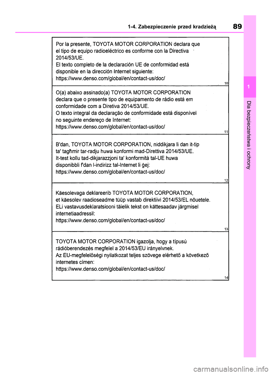 TOYOTA COROLLA HATCHBACK 2019  Instrukcja obsługi (in Polish) Dla bezpieczeƒstwa i ochrony
1-4. Zabezpieczenie przed kradzie˝à89
1
55 Corolla Wagon OM12L25E  28/1/19  16:16  Page 89 