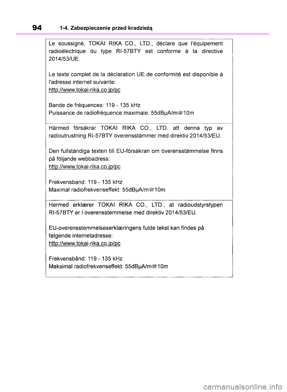 TOYOTA COROLLA HATCHBACK 2019 Instrukcja obsługi (in Polish) 941-4. Zabezpieczenie przed kradzie˝à
55 Corolla Wagon OM12L25E 28/1/19 16:16 Page 94 TOYOTA COROLLA HATCHBACK 2019 Instrukcja obsługi (in Polish) 941-4. Zabezpieczenie przed kradzie˝à
55 Corolla Wagon OM12L25E 28/1/19 16:16 Page 94